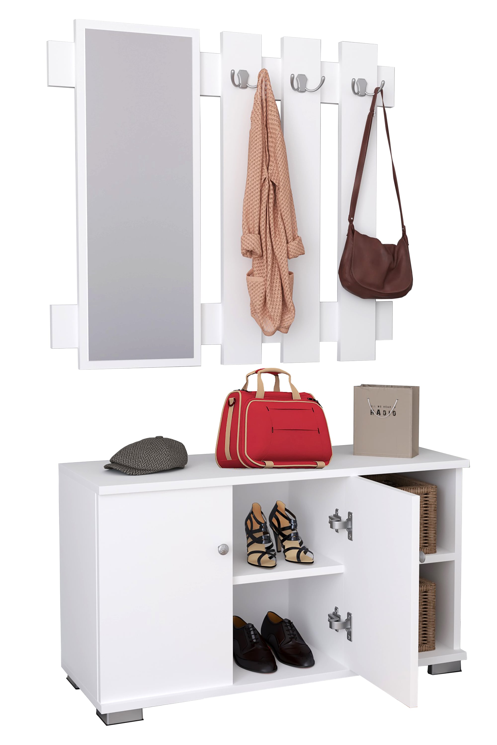 VCM Schuhschrank »VCM Holz Sitzbank | 2-tlg.-Set | Schuhschrank | Maße: H. 82 x B. 90 x T. 33 cm | Wandpaneel mit 3 Haken und einem Spiegel| 2 Drehtüren | 2 Fächer | 2 offene Fächer - Gados XL«, (1 St.)