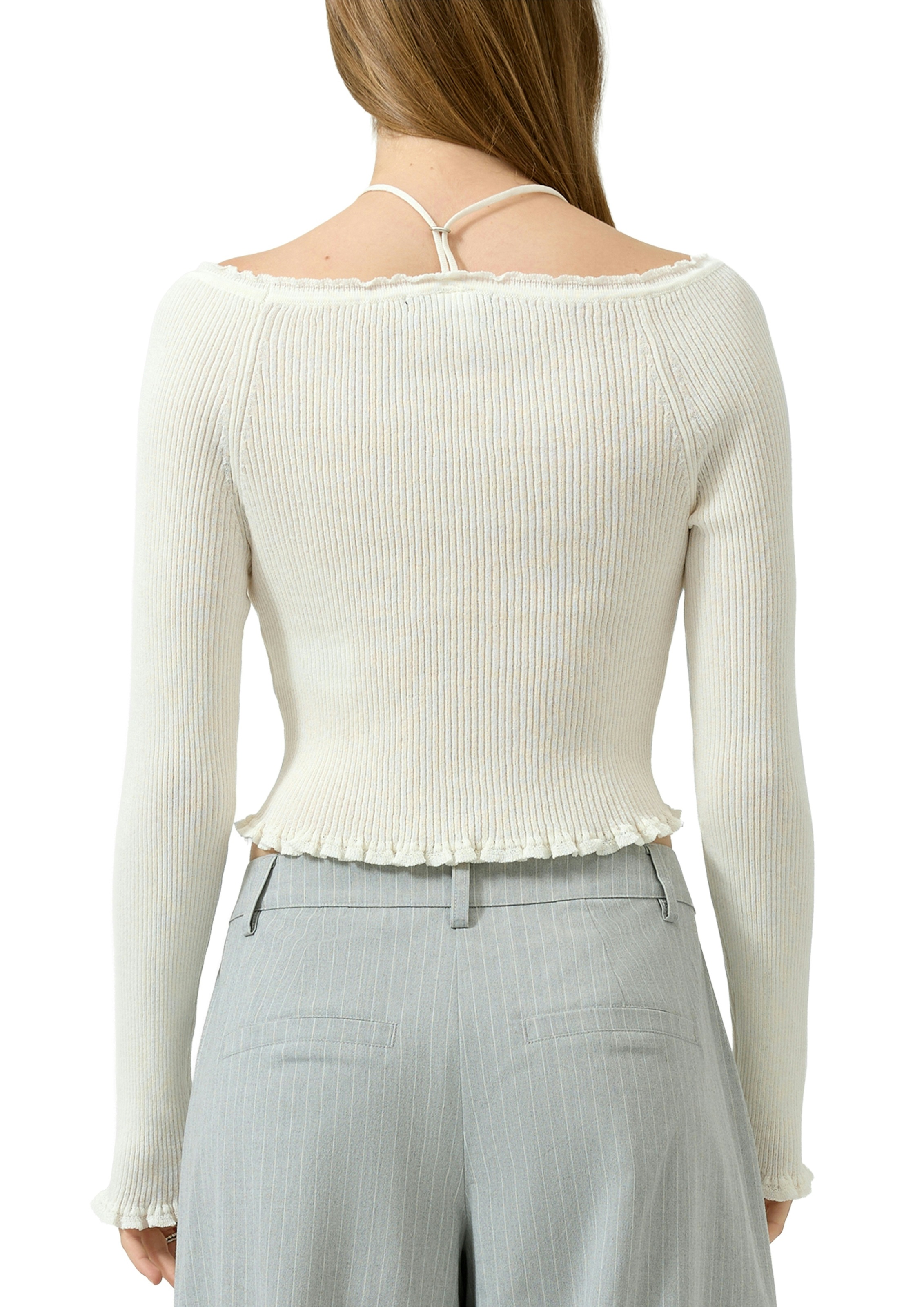QS Strickpullover im Ripp-Look und mit U-Boot-Ausschnitt und Bändern