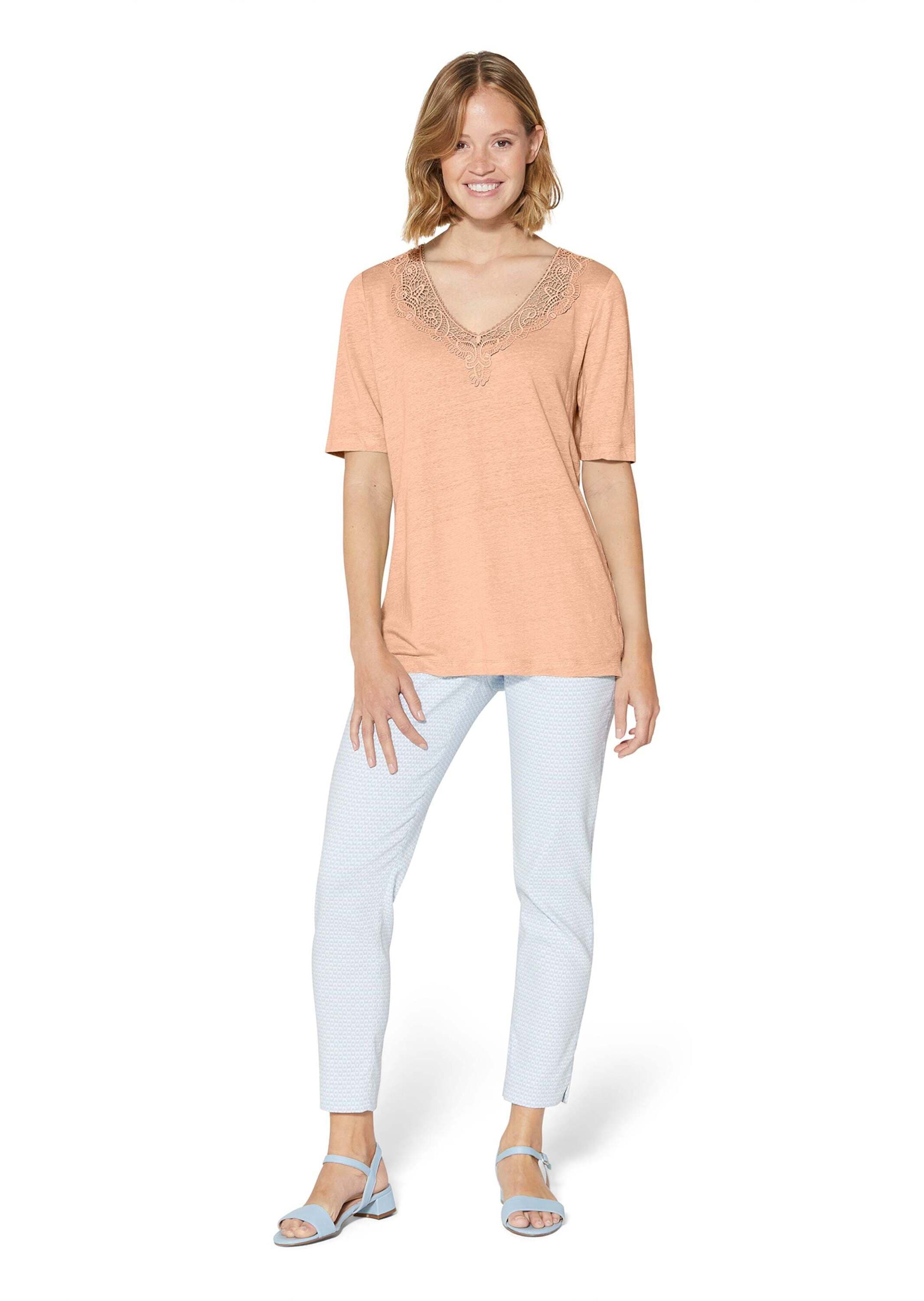 MADELEINE Kurzarmshirt »Shirt Kurzarm Leinen-Shirt mit Spitzenbesatz«