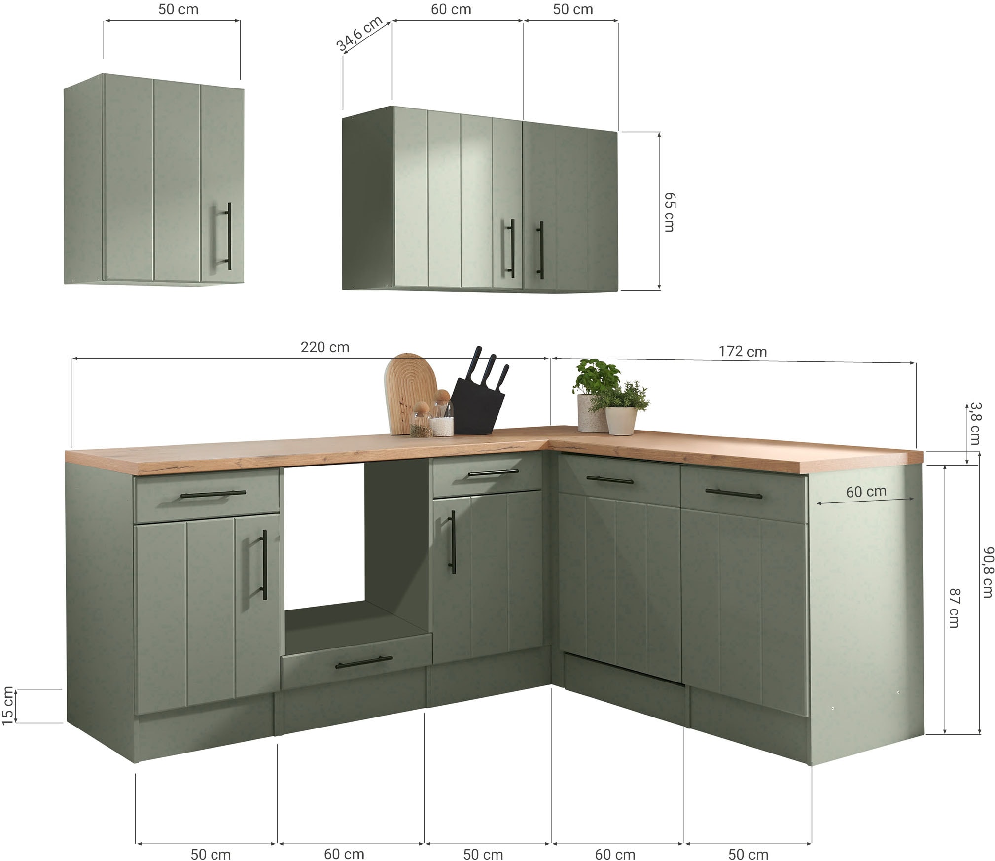 RESPEKTA Winkelküche »Anton« Breite 220 cm, 90 cm Arbeitshöhe, wahlweise mit und ohne E-Geräte