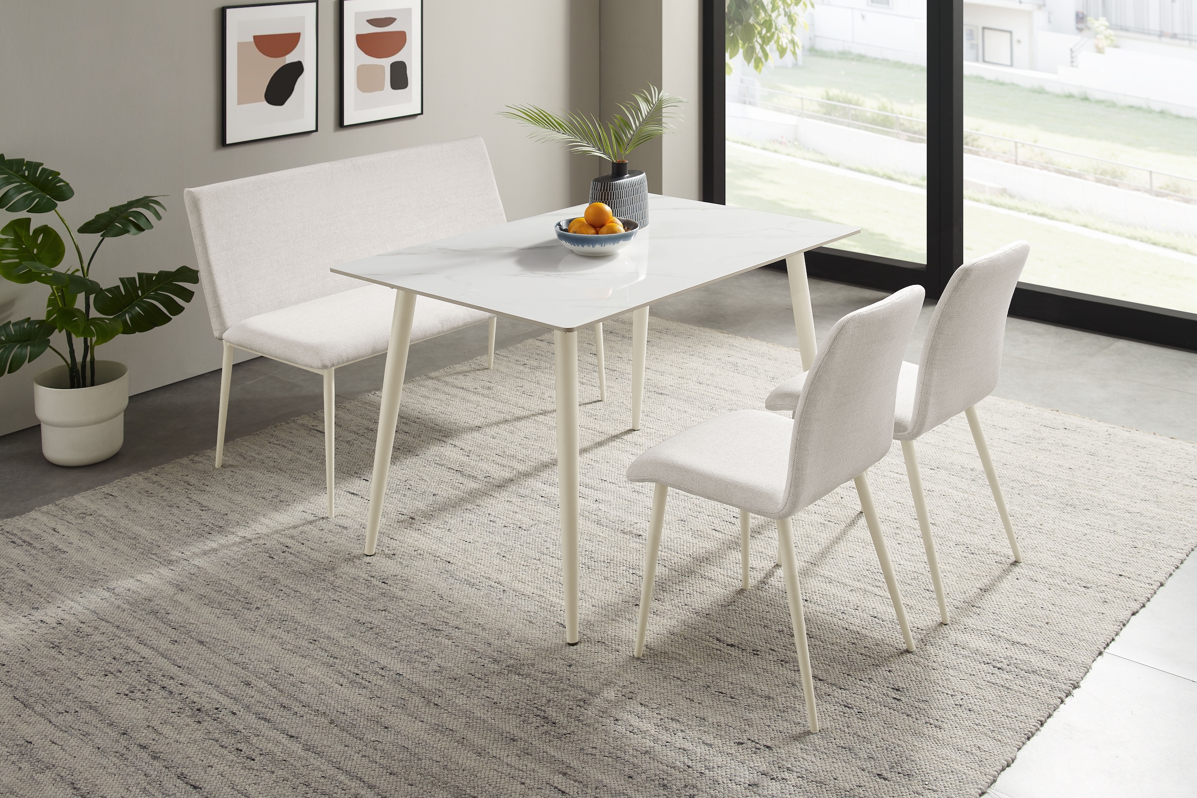 OTTO home Essgruppe »Kryce« Set, 120 cm Esstisch + 2 Stühle + Bank, 4 Stk. tlg. Strukturstoff, robustem Metallgestell, Tischplatte aus Sinterstein