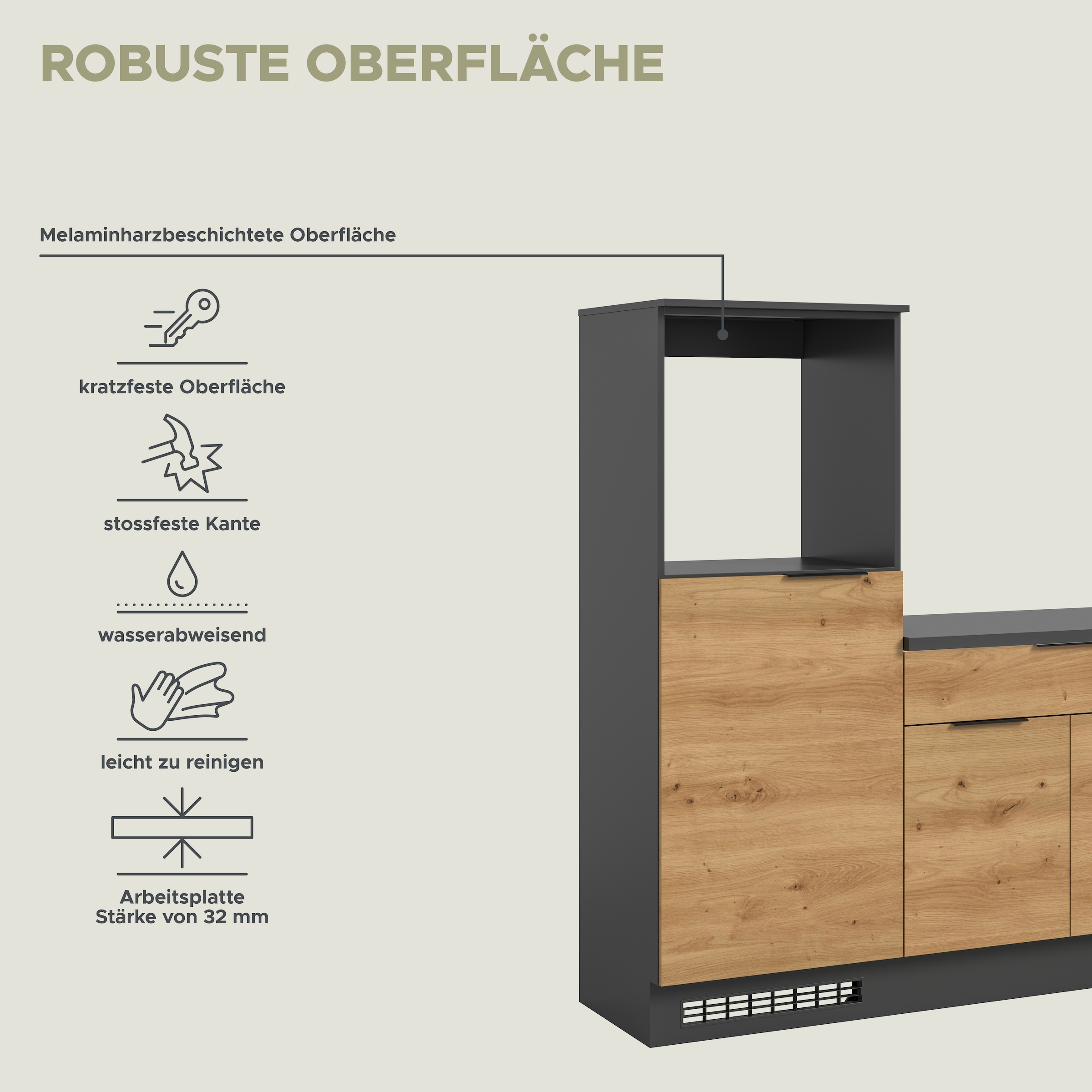 KOCHSTATION Küchenzeile »KS-Lulea«, Breite 260 cm, ohne E-Geräte, mit 3 cm starker Arbeitsplatte