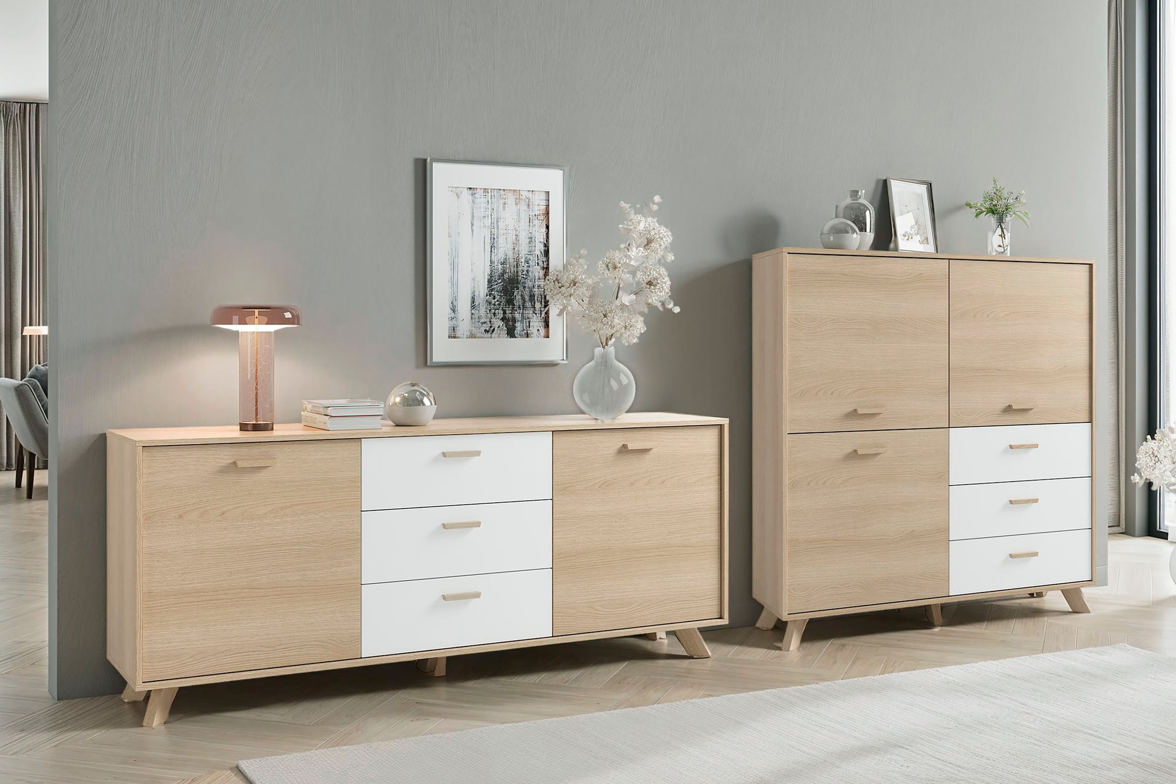byLIVING Highboard »Bastian« 1 Stk. tlg. mit massiven Holzfüßen und Griffen, natürlicher Eichenlook, 120cm