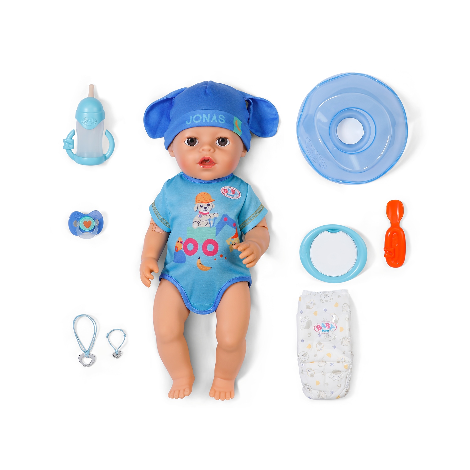 Baby Born Babypuppe »Jonas Click & Play 43cm« mit Click-&-Play: Hält Fläschchen und Löffel selbst - ohne Batterien