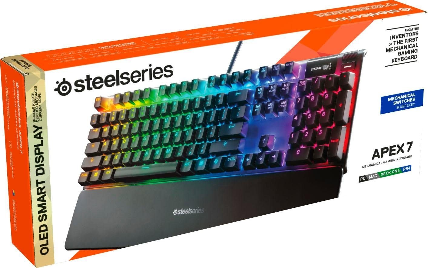SteelSeries Gaming-Tastatur »Apex 7 Blue Switch«, (Smart-Display-Handgelenkauflage-Profil-Speicher-Multimedia-Tasten-USB-Durchschleife)