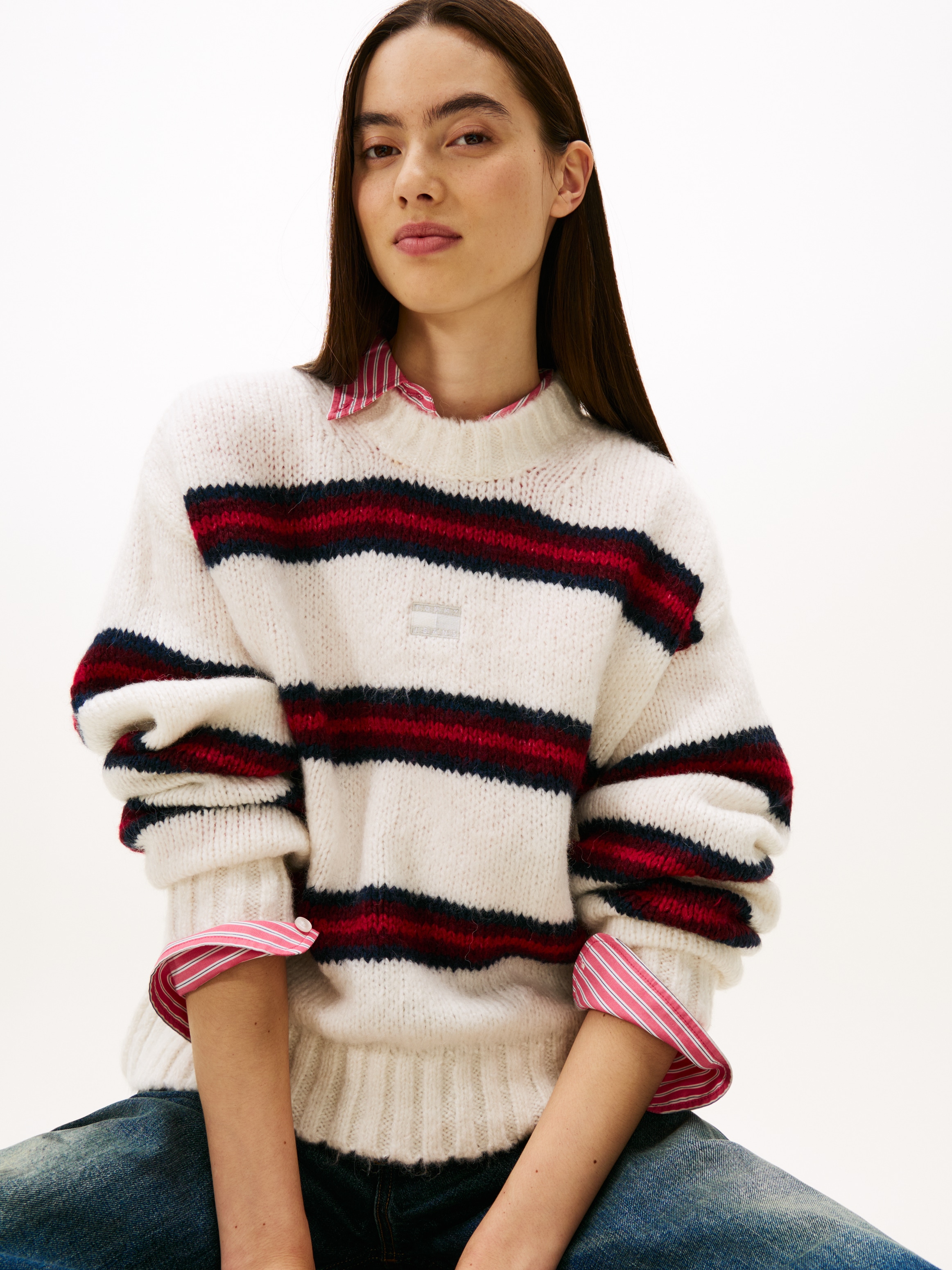 Tommy Jeans Rundhalspullover »TJW BADGE STRIPE FLUFFY SWEATER«, mit Alpaka