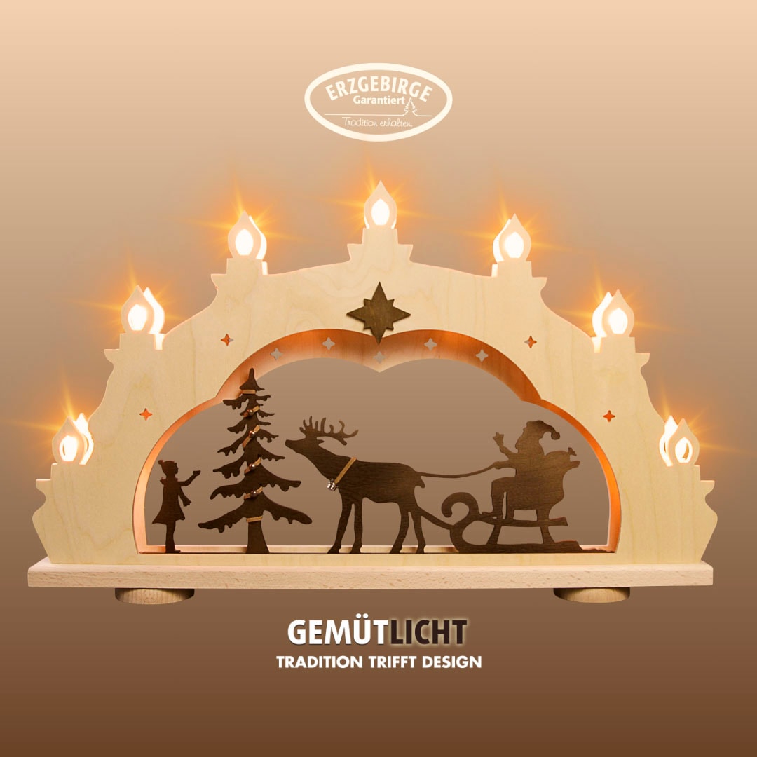 Weigla LED Schwibbogen »Weihnachtsmann auf Schlitten, Lichterbogen Rustikal, Holz, NATUR-BRAUN«, Erzgebirge garantiert, Weihnachtsdeko Innen, Weihnachtsbeleuchtung