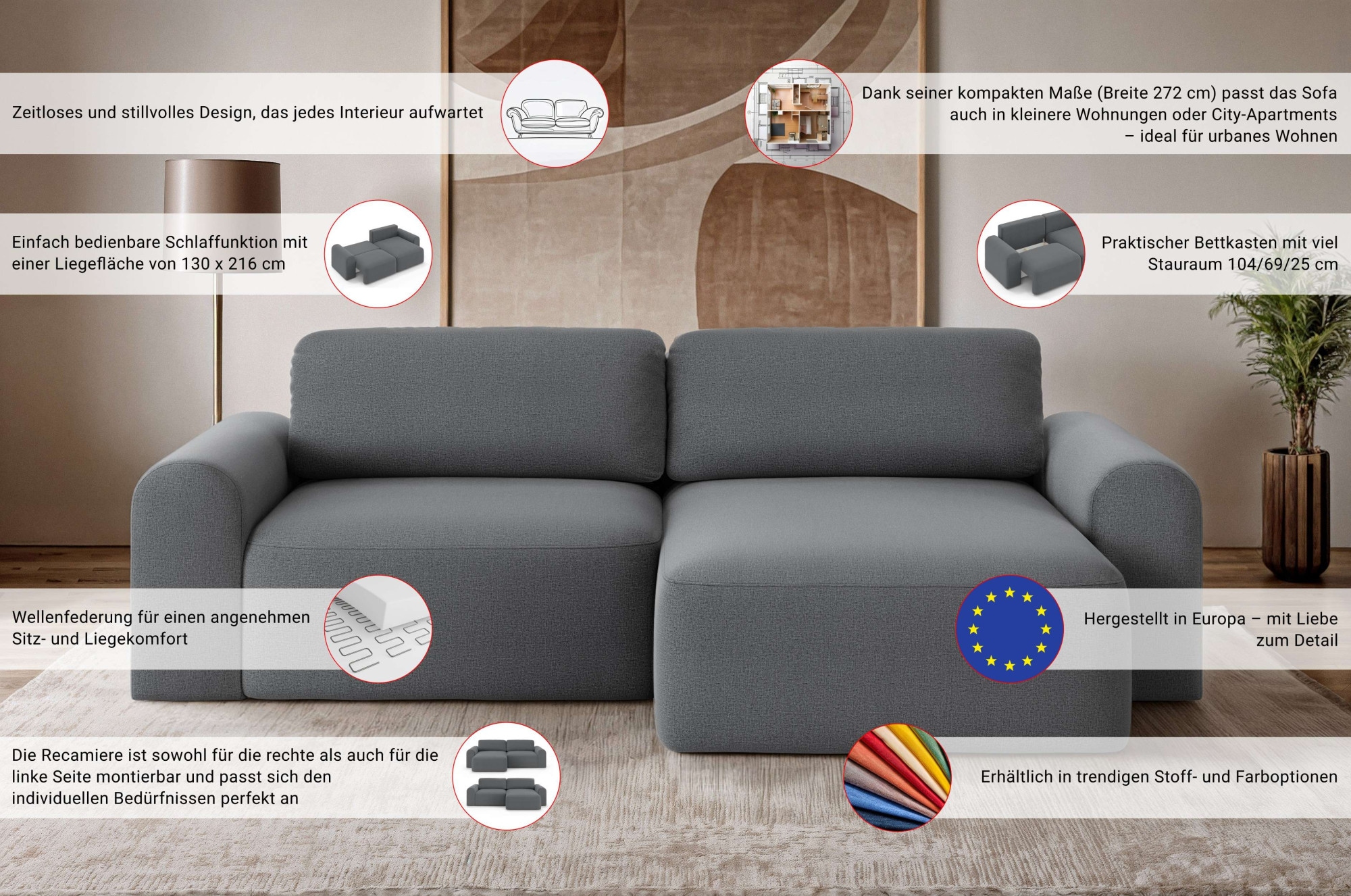 OTTO home Ecksofa »LEOO universell Schlafsofa mit Bettkasten, Maße B/T/H: 272/152/84,5 cm«, L-Form mit Recamiere rechts oder links montierbar, hoher Sitzkomfort