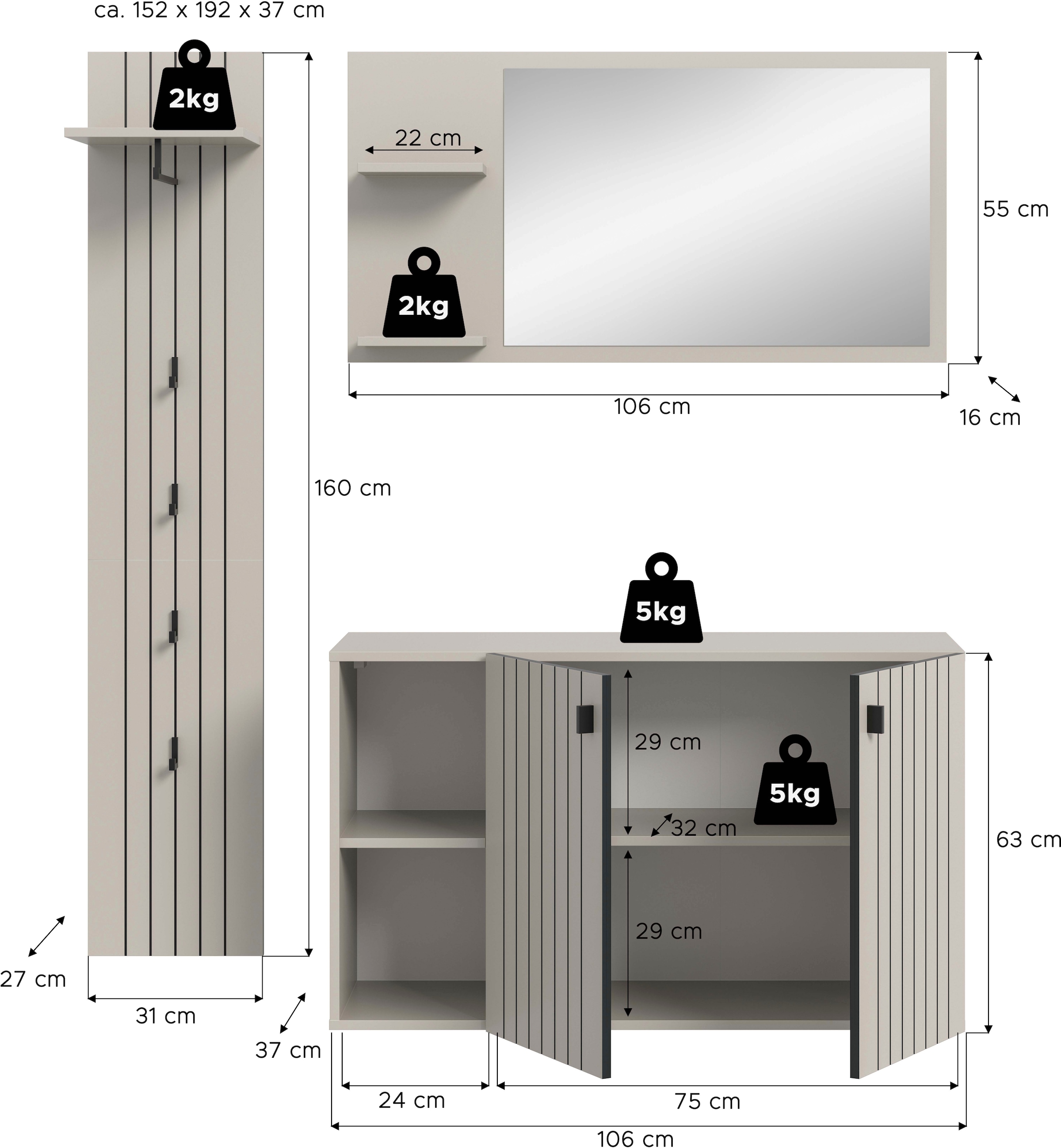 Home affaire Garderoben-Set »TATIO, 3-tlg. Garderobenkombination, Breite: 152 cm Rillenfräsung« Set, Set, best. aus: 1 Spiegel, 1 Garderobenpaneel, 1 Schuhkommode, 3 Stk. tlg.