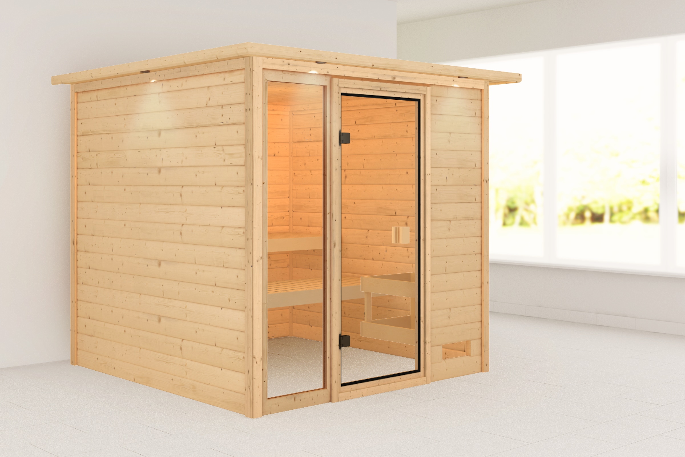 Karibu Sauna »"Jackie" mit bronzierter Tür und Kranz, naturbelassen« aus hochwertiger nordischer Fichte