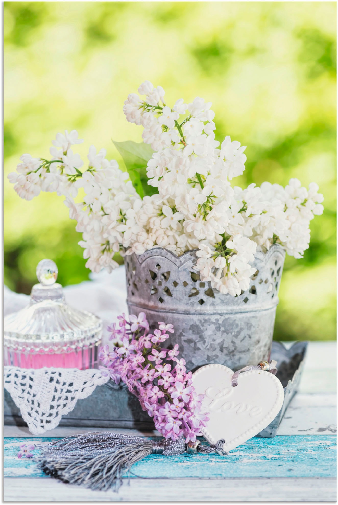 Artland Wandbild »Flieder und Shabby Chic Stillleben I«, Blumen, (1 St.), in vielen Größen & Produktarten - Alubild / Outdoorbild für den Außenbereich, Leinwandbild, Poster, Wandaufkleber / Wandtattoo auch für Badezimmer geeignet