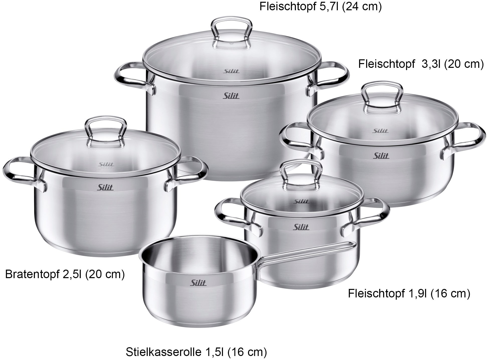 Silit Topf-Set »Toskana, teilmattiert, Induktions Töpfe Set unbeschichtet«, Edelstahl 18/10, (Set, 9 tlg., Bratentopf Ø 20 cm, Fleischtopf Ø 16/20/24 cm, Stielkasserolle Ø 16 cm), mit Glasdeckel, für alle Herdarten geeignet, ohne Innenskalierung