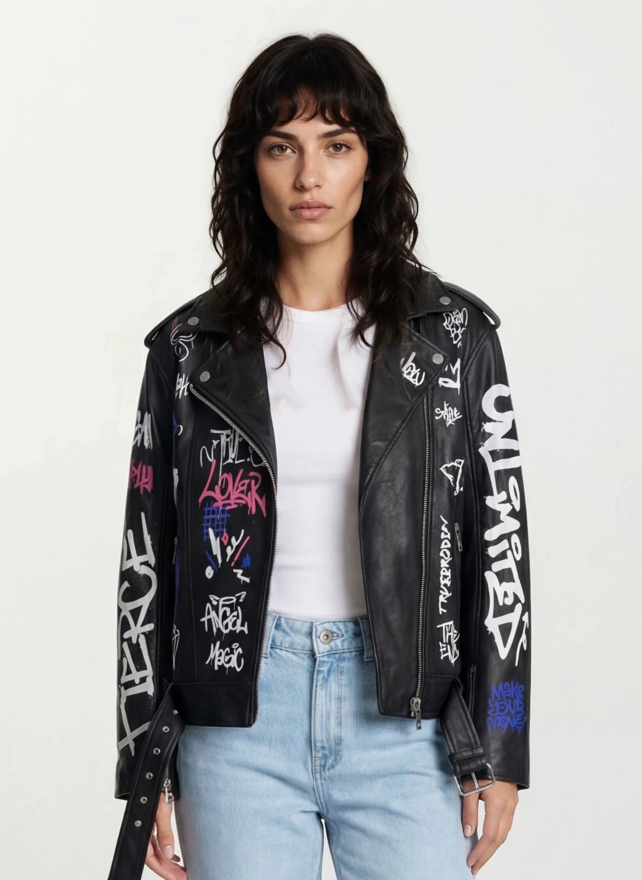 trueprodigy Lederjacke »Anya Graffitiprint und schräger Reißverschluss« ohne Kapuze