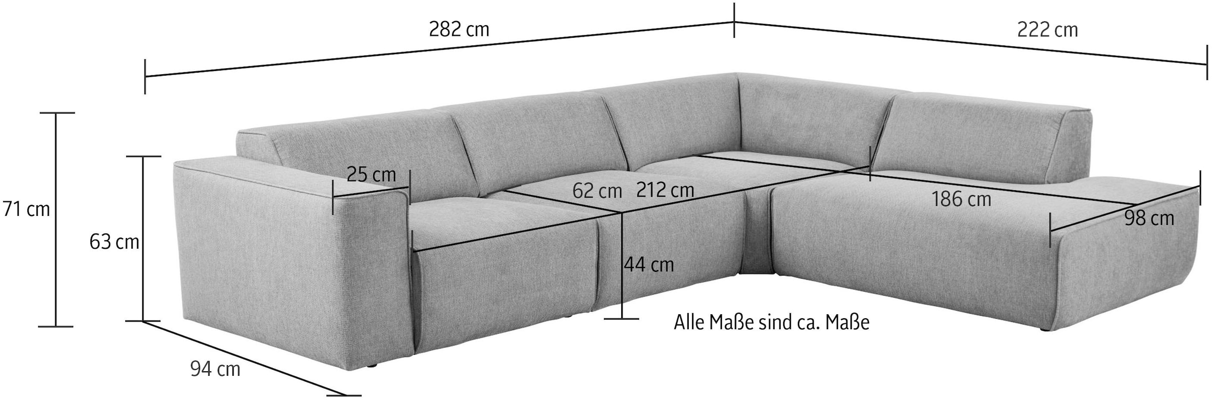 andas Ecksofa »Noord mit Kedernaht, Breite 282 cm«, Cord, Struktur, Webstoff, mit Wellenunterfederung, Massivholzrahmen