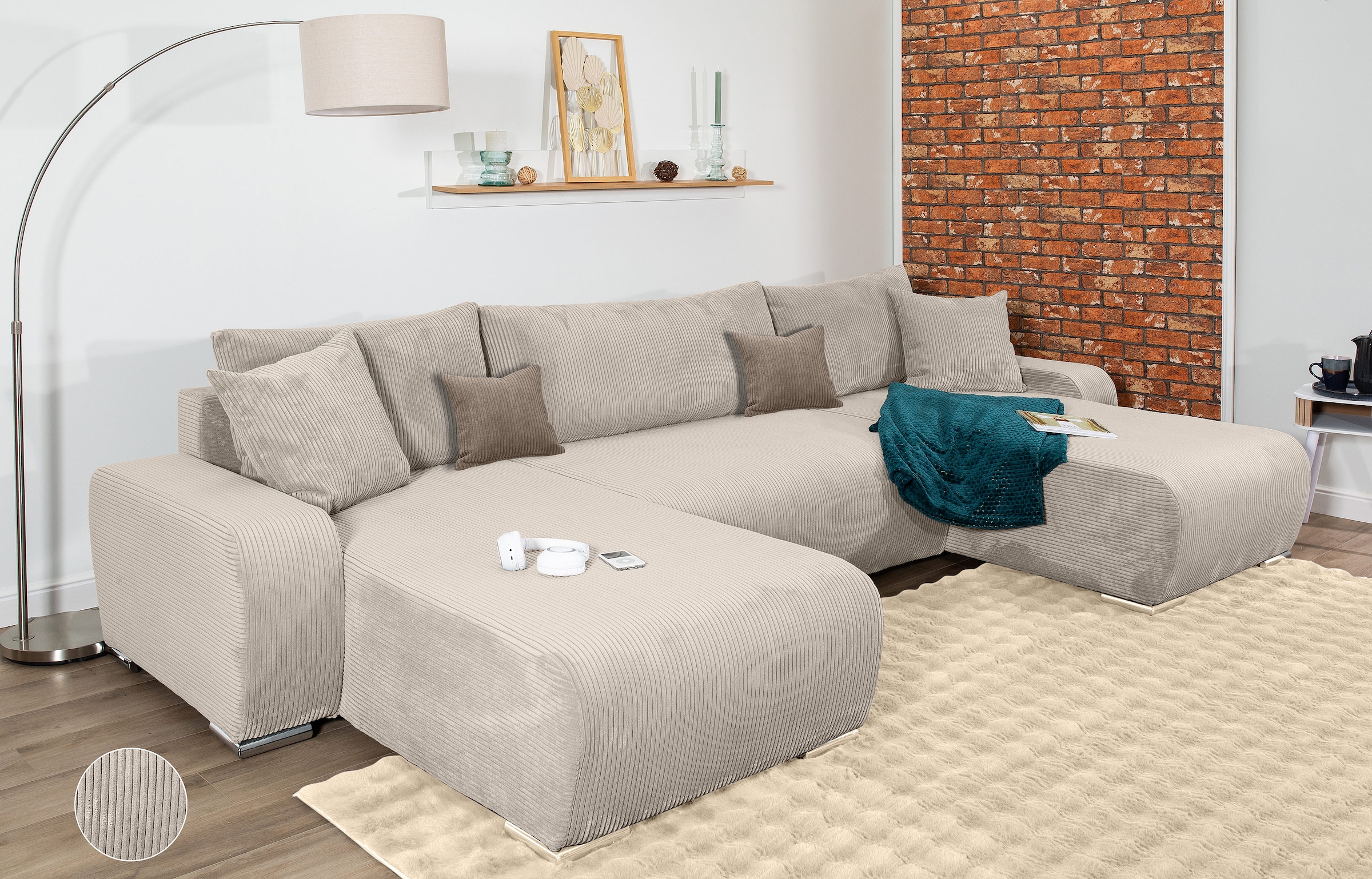 COLLECTION AB Wohnlandschaft »Paola U-Form«, mit Schlaffunktion, Stauraum, Zierkissen und Bonnellfederkern, Cord