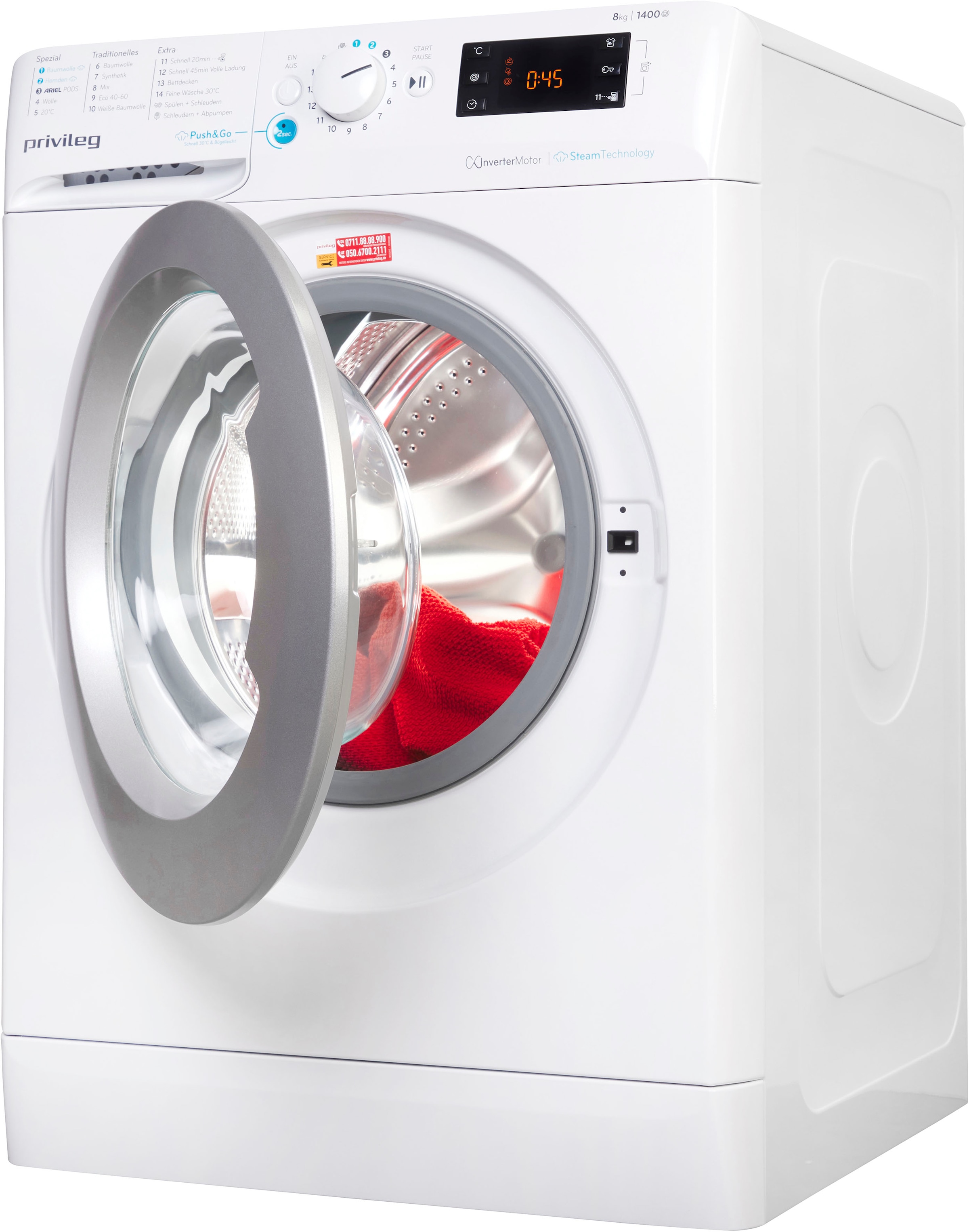 Privileg Waschmaschine »PWFV X 853 A«, 8 kg, 1400 U/min, Dampf-Programme für Baumwolle und Hemden – glättet die Fasern