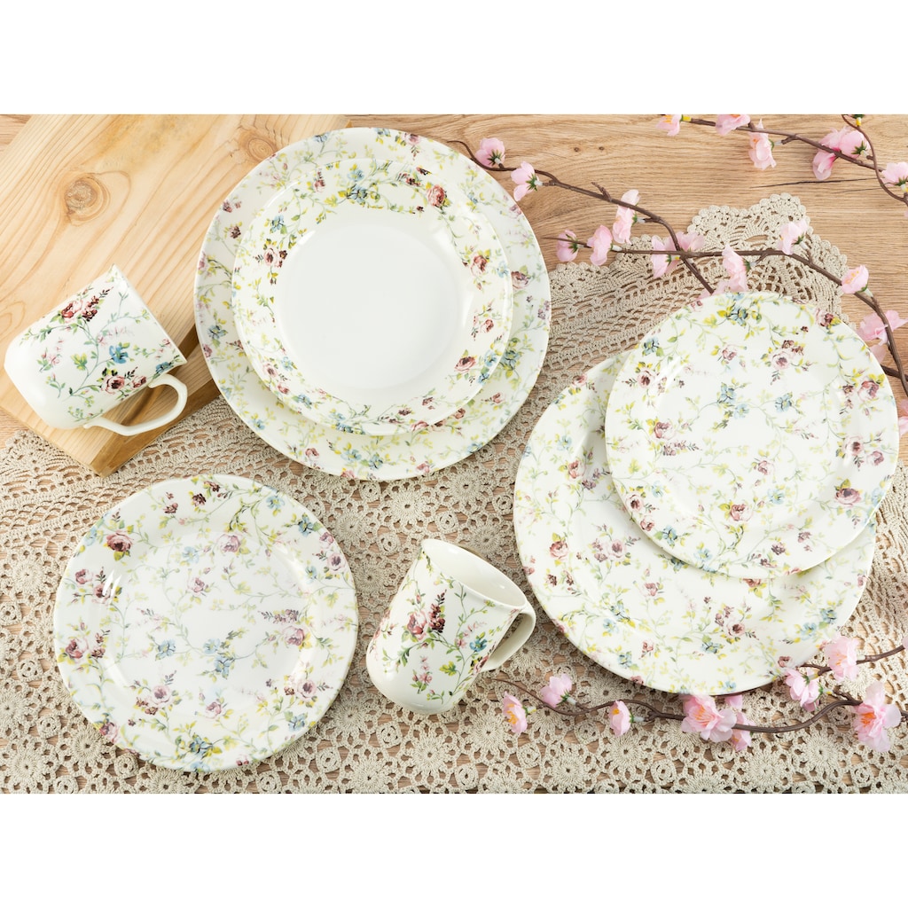 CreaTable Kombiservice »Geschirr-Set Rose Garden«, (Set, 16 tlg., Kaffeeservice und Tafelservice im Set, für 4 Personen), Service, Rosenmotiv, Vintage-Stil, 16 Teile, für 4 Personen