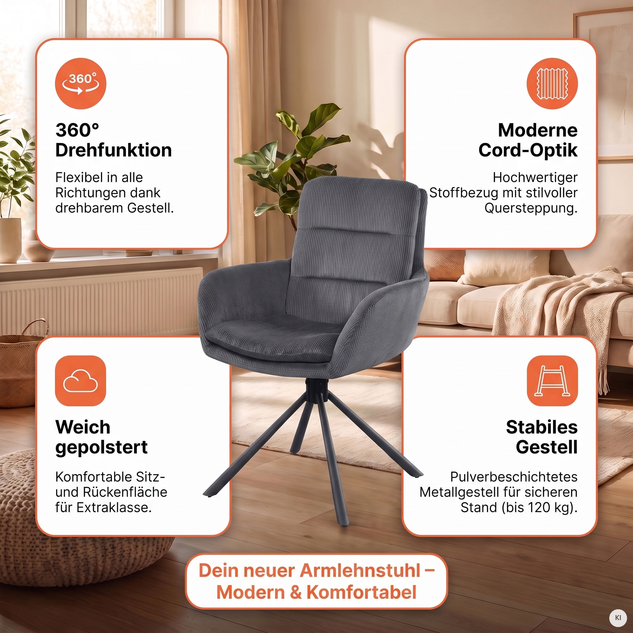 SalesFever Esszimmerstuhl »Pizzo Eleganter Armlehnstuhl« () 1 Stk.Cord-Esszimmersessel mit 360° Drehkomfort