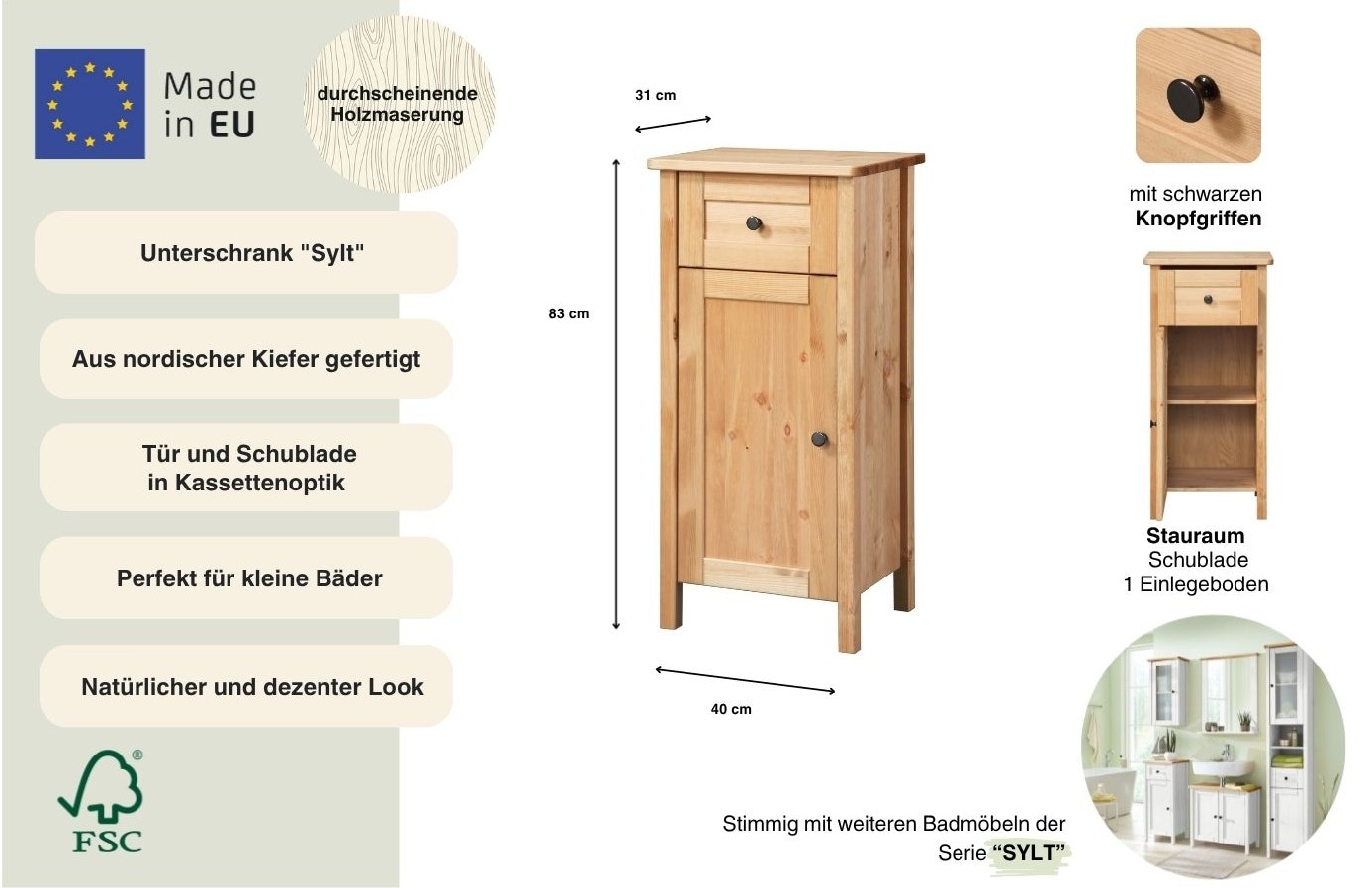 welltime Unterschrank »Sylt« Breite 40 cm, aus Massivholz Kiefer