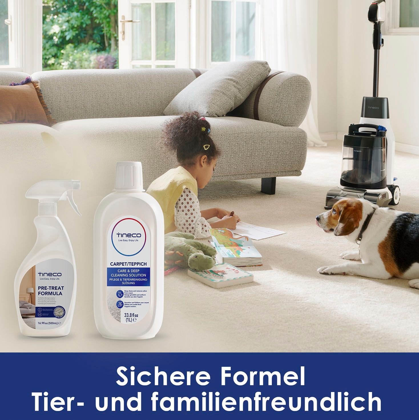 Tineco Teppichreiniger »Vorbehandlungslösung und«, (Set, 2x500ml Vorbehandlungslösung and 1x1Liter Teppichreiniger), Ideal zum Reinigen von Teppichen und Polstermöbel