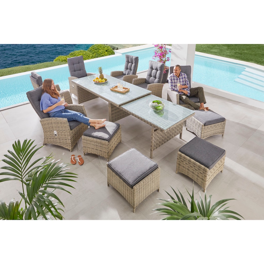 KONIFERA Garten-Essgruppe »Monaco«, (Set, 27 tlg., 6x Sessel, 4x Hocker, 1x AZ-Tisch 200-366x100x75,5 cm, inkl. Auflagen)