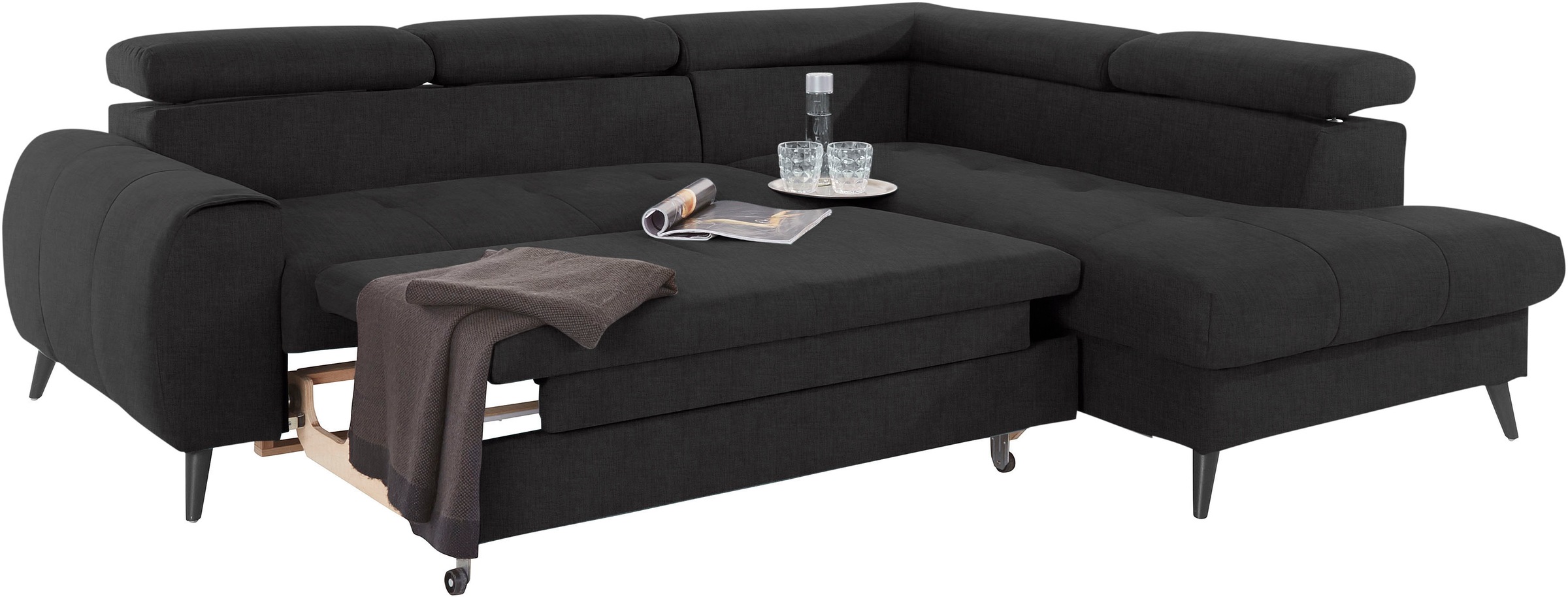 COTTA Ecksofa »Mia L-Form mit 3 Zierkissen«, wahlweise mit Bettfunktion, Bettkasten, Beleuchtung & Wireless-Charger