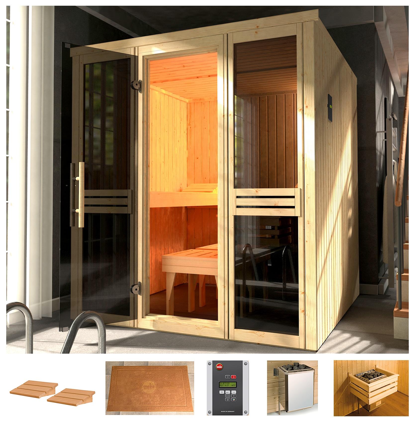 Sauna »Classic«, 7,5 kW Ofen mit ext. Steuerung, Fenster