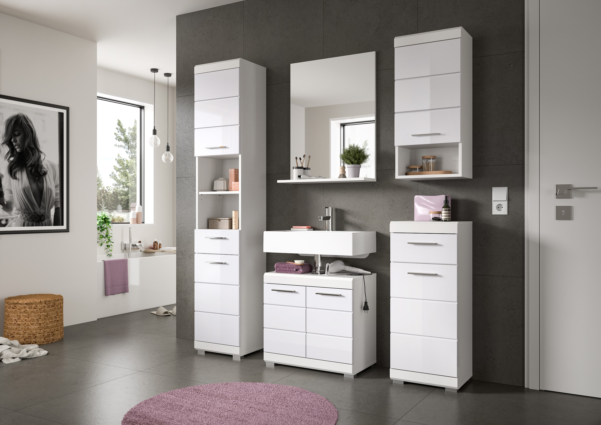 INOSIGN Badmöbel-Set »Siena, 4 teilig, bestehend aus:«, (Set), Waschbeckenunterschrank, Spiegel, Unterschrank, Hängeschrank