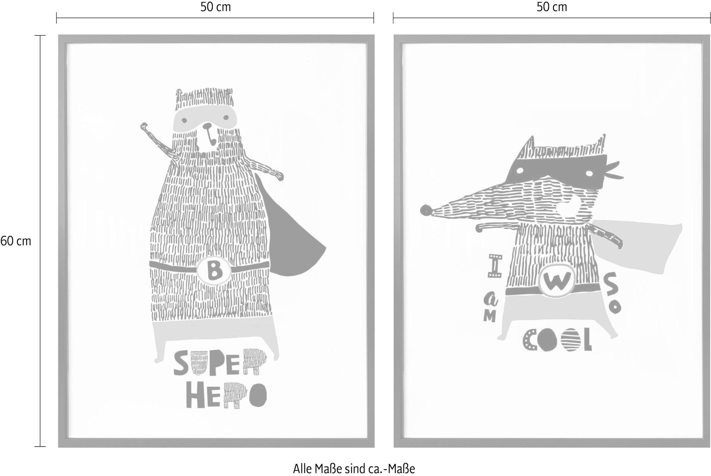 Wall-Art Poster »Kinderzimmer Superheld Bär Fuchs Set«, (Set), Poster ohne Bilderrahmen