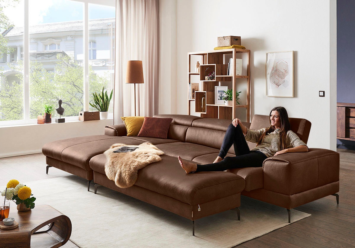 W.SCHILLIG Ecksofa »piedroo, Designsofa mit tollem Sitzkomfort, bequem und elegant, L-Form«, Kopfteilverstellung, wahlweise mit Sitztiefenverstellung, Breite 343cm