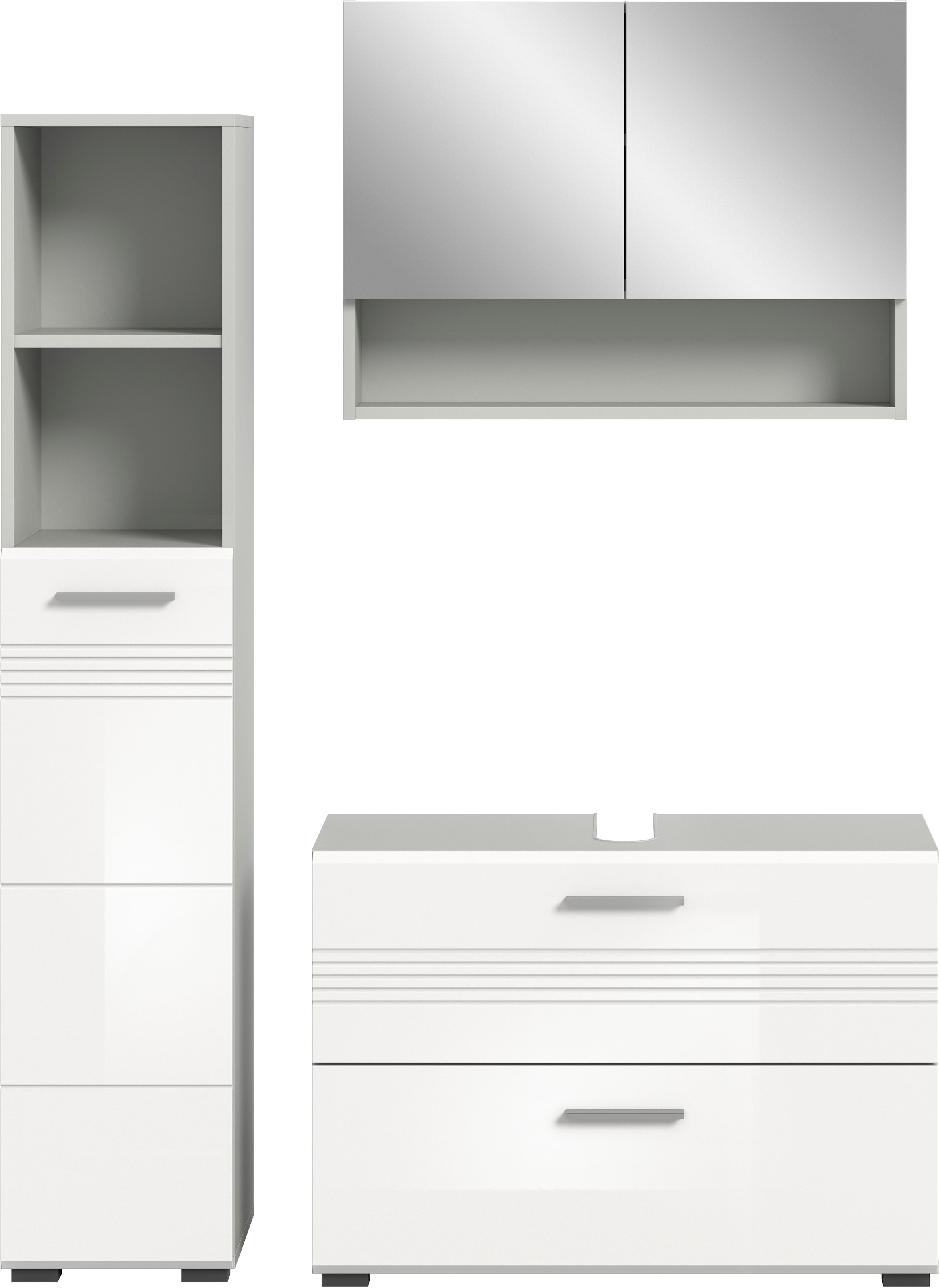 welltime Badmöbel-Set »Calicio, bestehend aus:Waschbeckenunterschrank,Hoch-und Spiegelschrank«, (3 St.), Spiegelschrank, hochwertige MDF Front mit Rillenfräsung