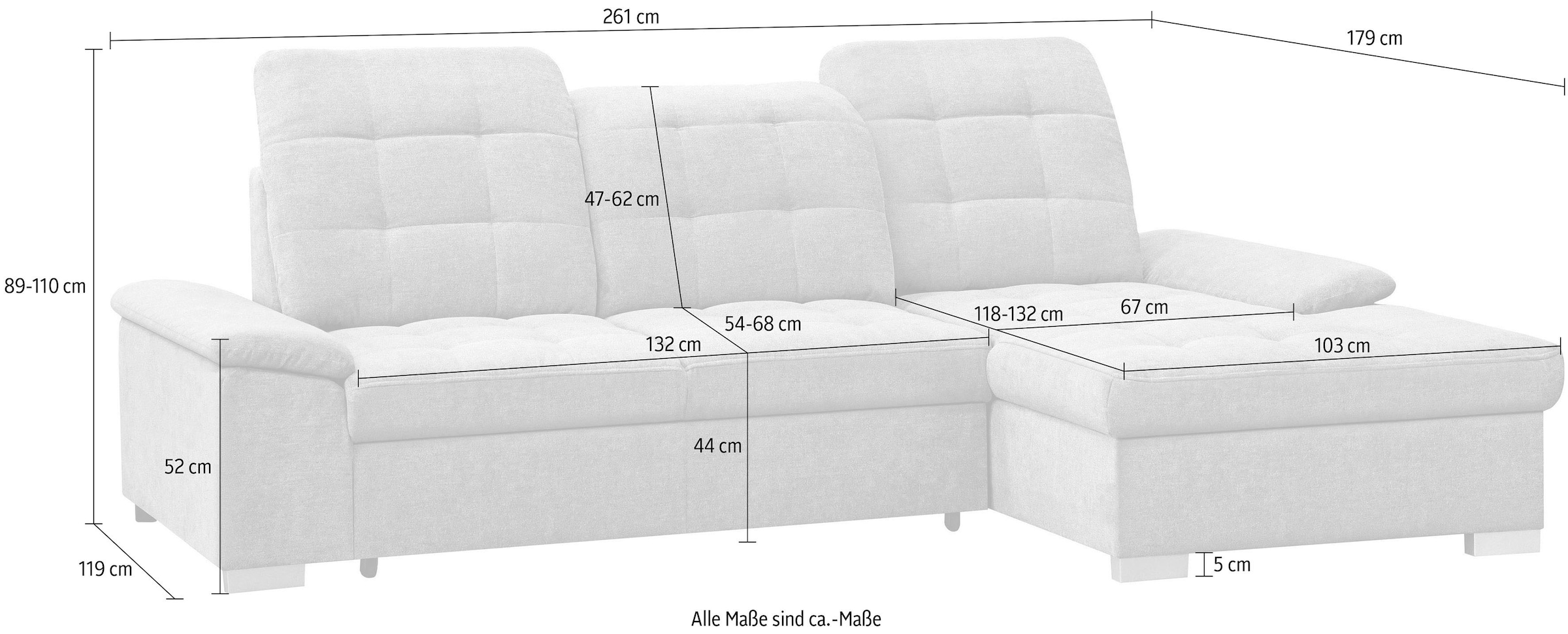 WERK2 Ecksofa »Carmen Bett+Bettkasten, Kopfstütze verst., Sitztiefe optional verst.« L-Form Sofa, Struktur weich, creme