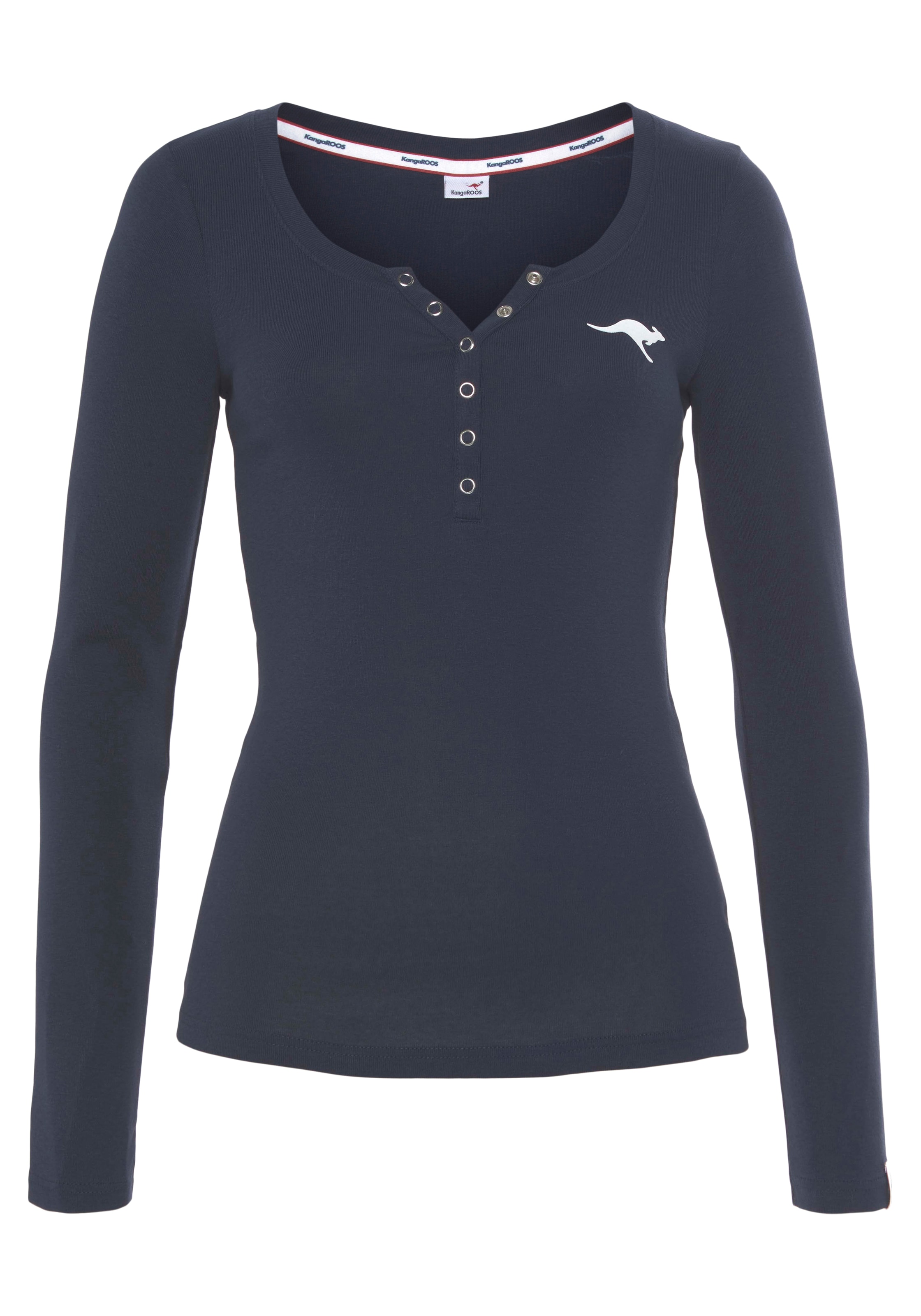 KangaROOS Langarmshirt, krempelbare Ärmel, figurbetonter Schnitt, mit Logodruck