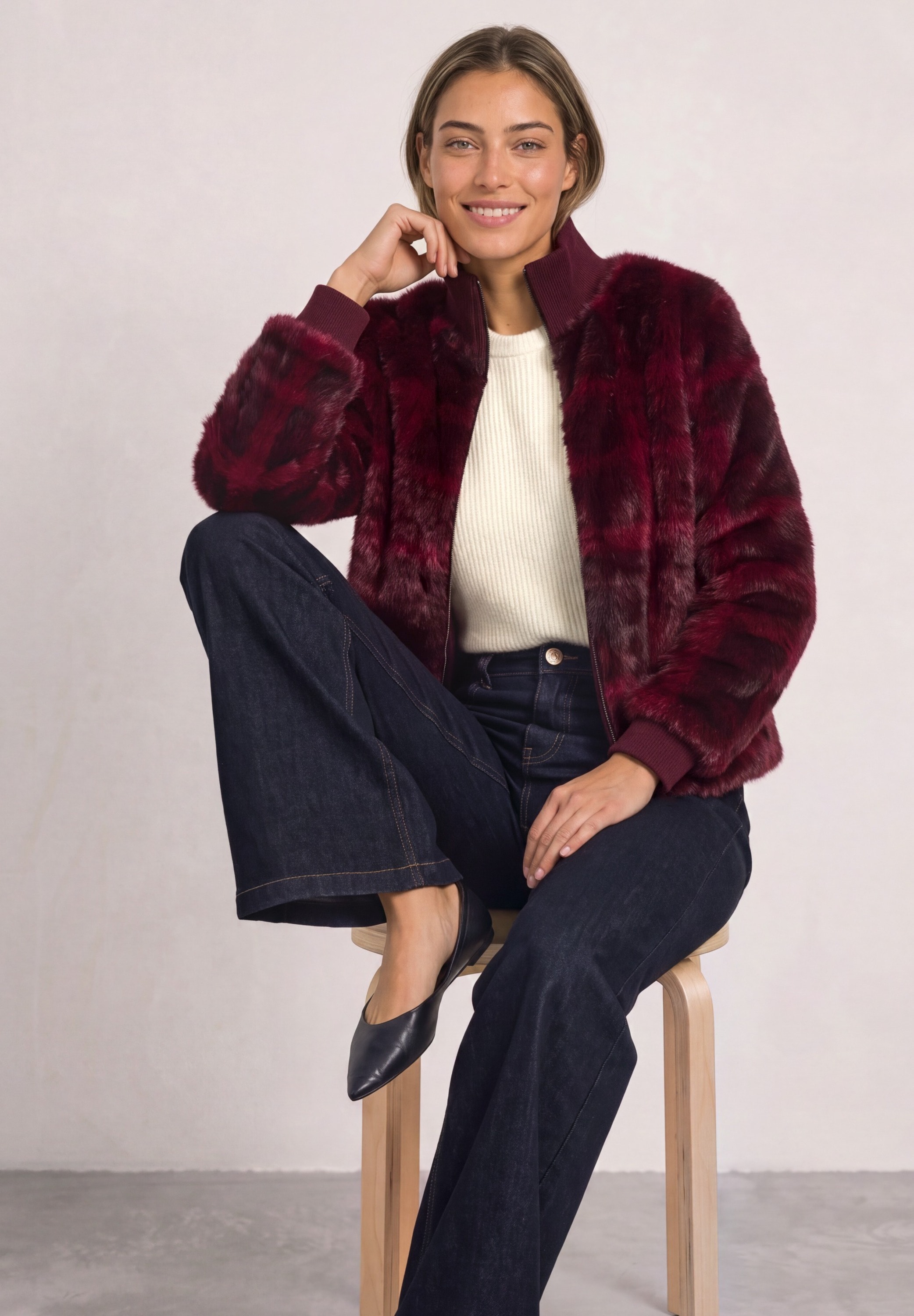STREET ONE Blouson ohne Kapuze Fake Fur Blouson mit Strickdetails und Print