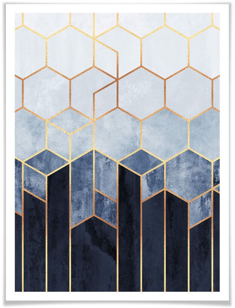 Wall-Art Poster »Hexagon Blau Weiß«, Schriftzug, (1 St.)