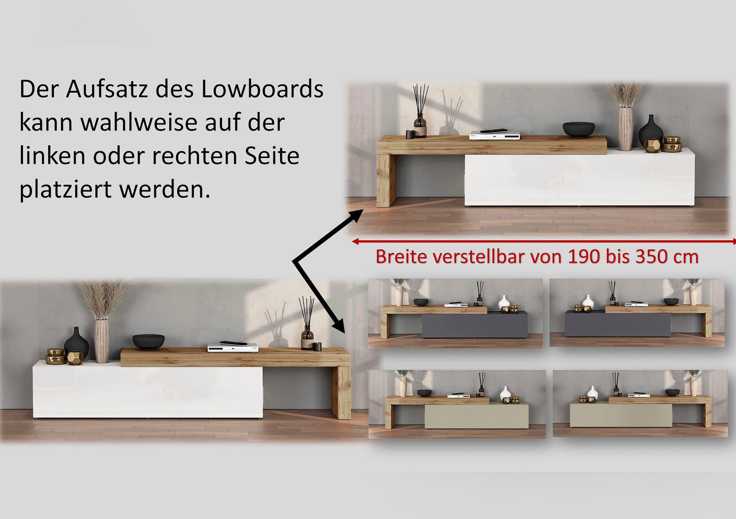 OTTO home Lowboard »Chronos TV-Board, TV-Schrank« Breite verstellbar von 190 bis 350 cm, 1 Stk. tlg. Breite 270 cm TV-Board,Lowboard,1 Klappe und ein L-Förmiger Aufsatz