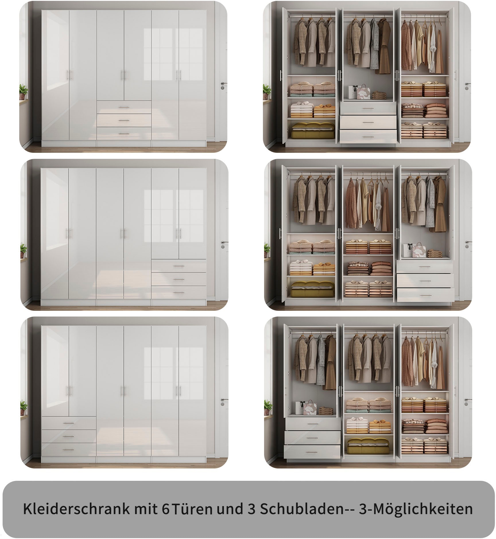 OTTO home Kleiderschrank »Trento Schlafzimmerschrank Garderobe hochglanz Bestseller« Schrank mit 6 Türen und 3 Schubladen, höchglänzende Fronten