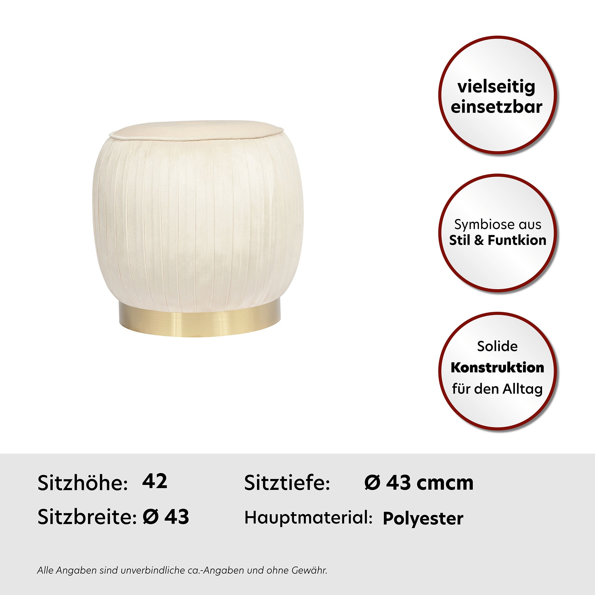 Kayoom Polsterhocker »Hocker Lyla 125, Edler Touch durch goldenen Sockel, Samtbezug«, (1 St.), samtweich, gesteppte Ziernaht, Edelstahlsockel, Hochwertiger Samtbezug