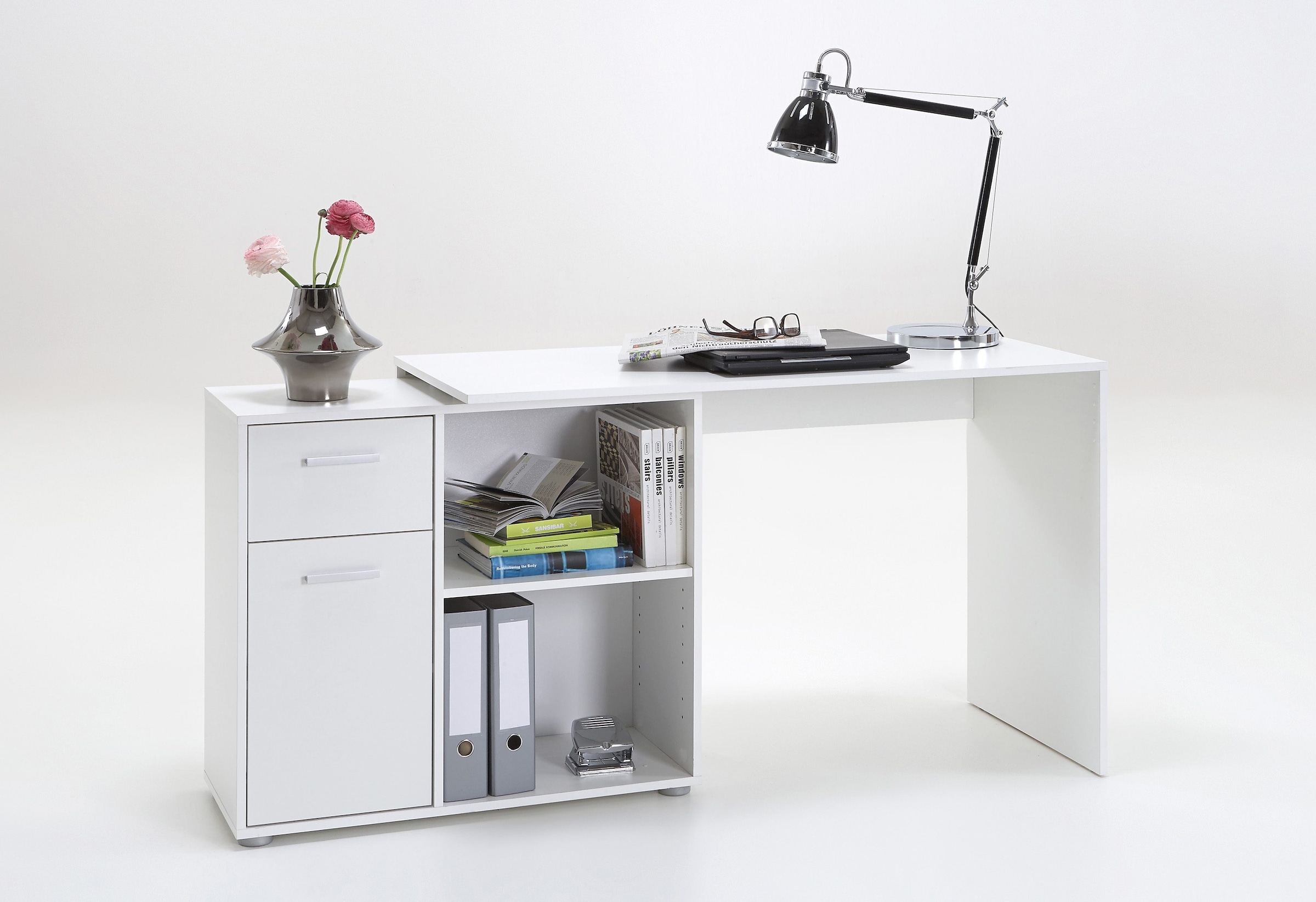 FMD Eckschreibtisch »AUGSBURG«, Schreibtisch/ Sideboard m. Stauraum, beids. montierb., 117 oder 148 cm