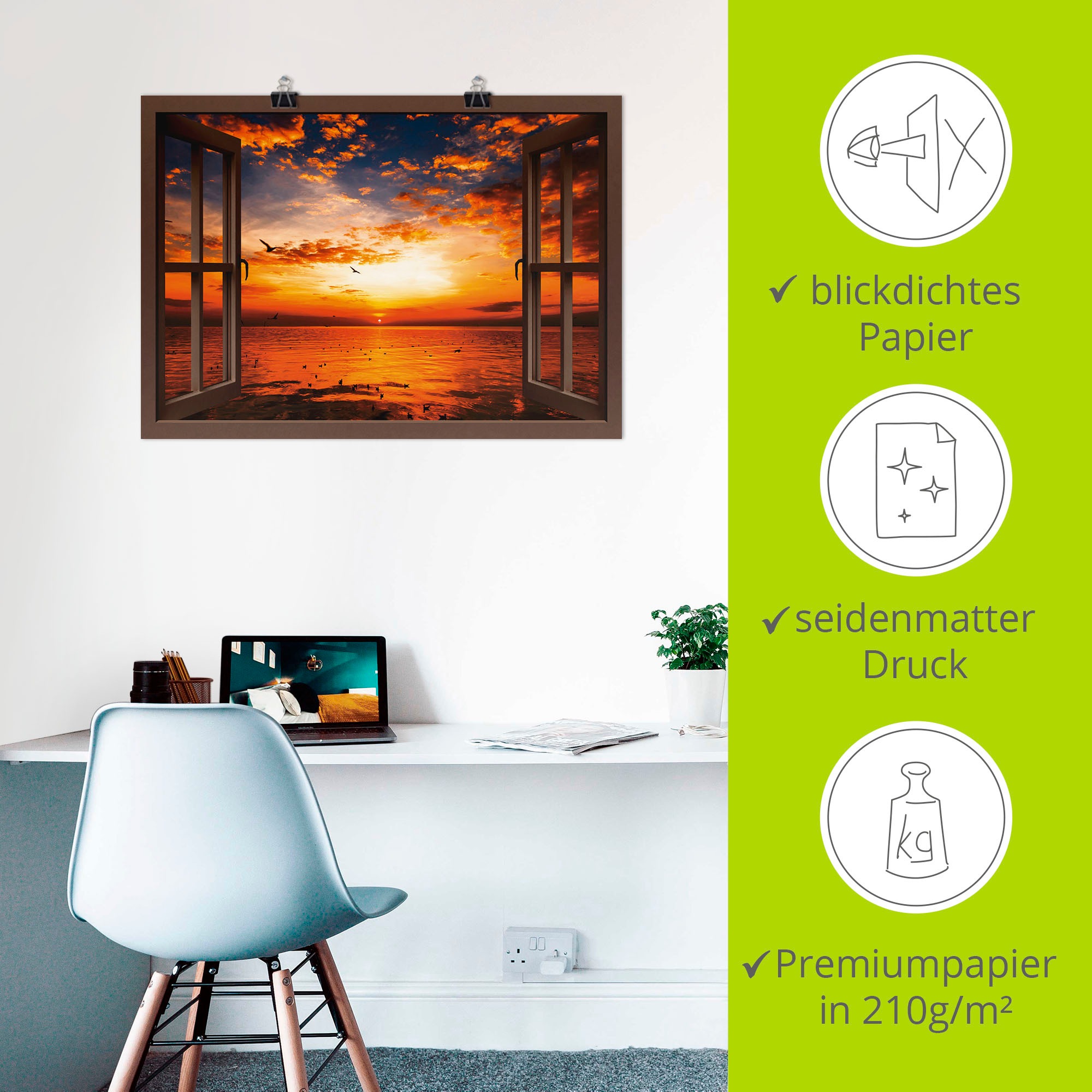 Artland Wandbild »Fensterblick Sonnenuntergang am Strand«, Fensterblick, (1 St.), als Leinwandbild, Poster, Wandaufkleber in verschied. Größen