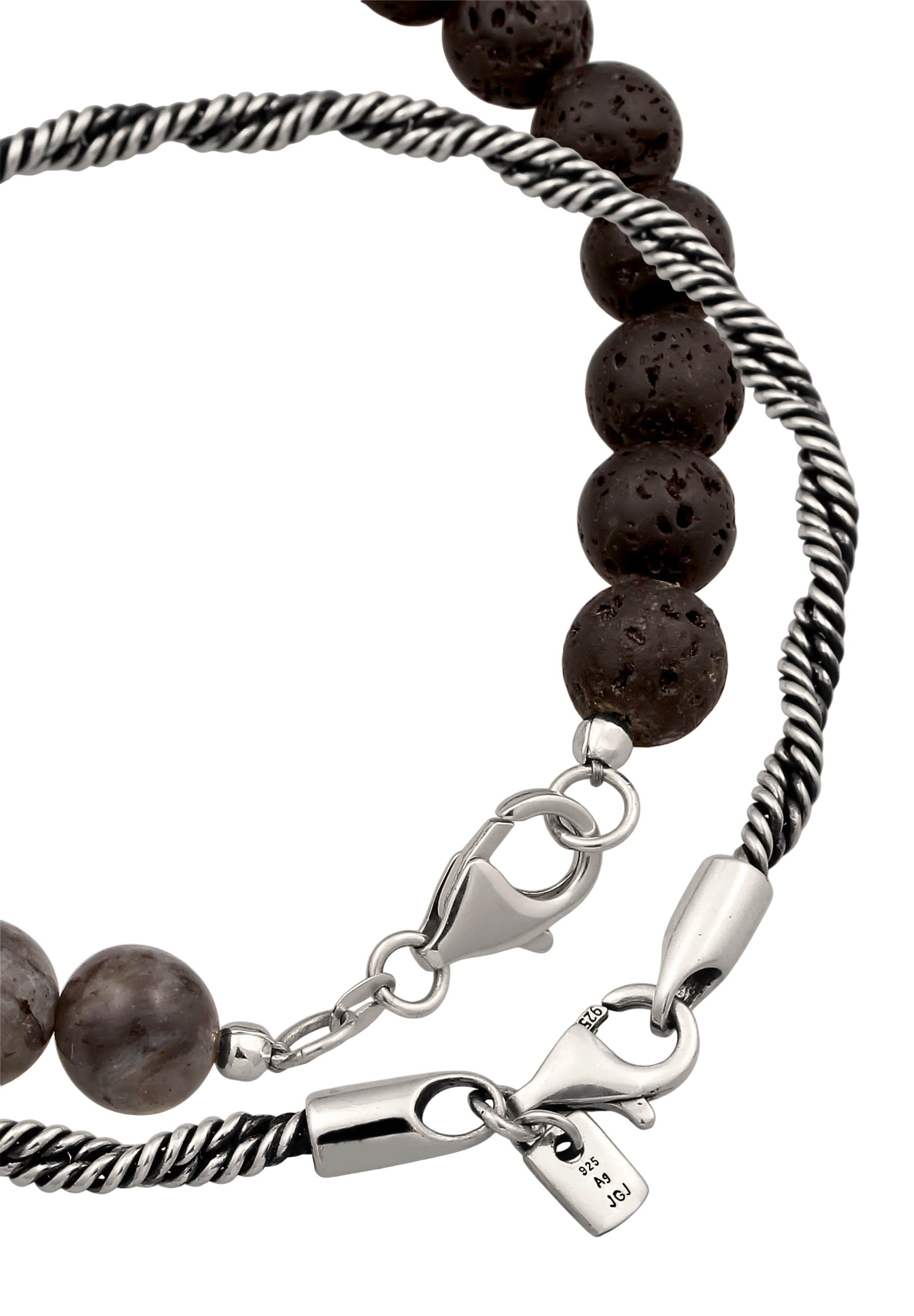 Kuzzoi Armkette »Armband 2er Set Lavaperlen Kordelkette 925 Sterling Silber Oxidiert«