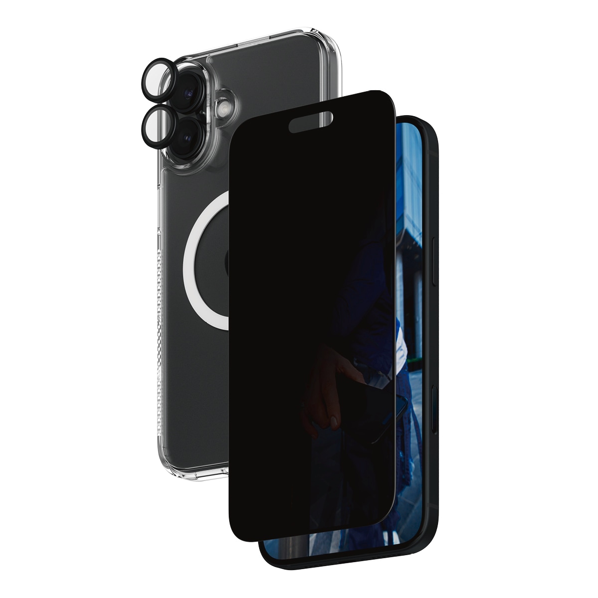 PanzerGlass Displayschutzglas »3-in-1 Privacy Protection, Glass, Hoops, Case« für Apple iPhone 16 Plus Displayschutzfolie, Schutzfolie, Bildschirmschutz, kratz- & stoßfest