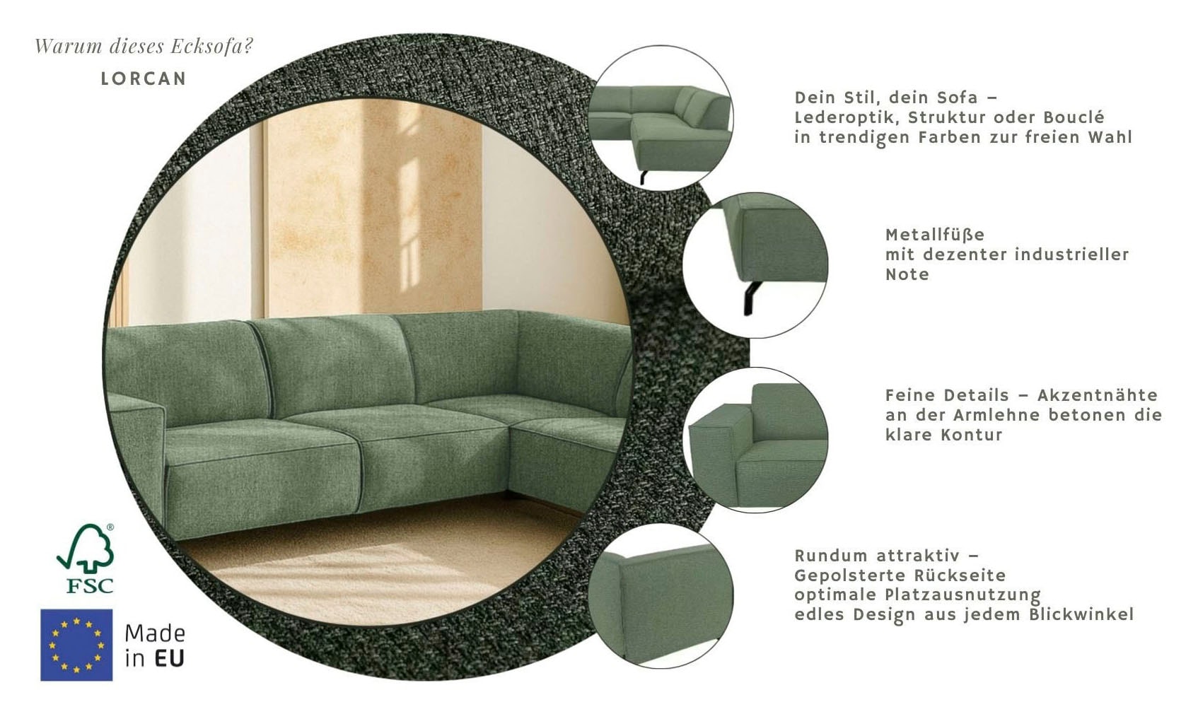 Home affaire Ecksofa »LORCAN mit Metallfüßen, Breite 275 cm, weiches Sitzgefühl« Metallfüße, Lederoptik, Struktur, Bouclé