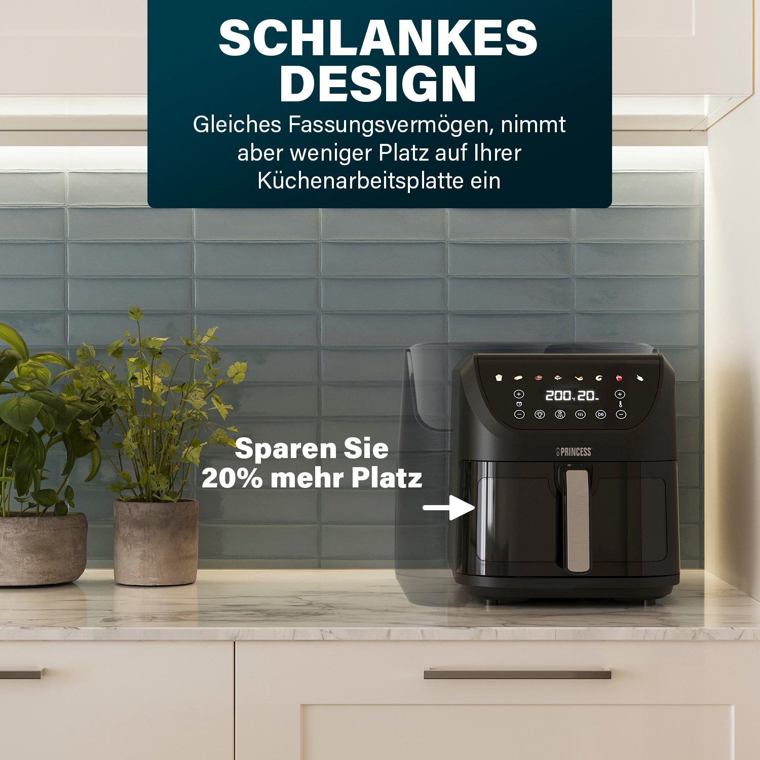 PRINCESS Heißluftfritteuse »182258 SlimFry Airfryer«, 2000 W, 8 L, platzsparendes Design, fettfreie Kochtechn., 8 Progr., 55dB leise