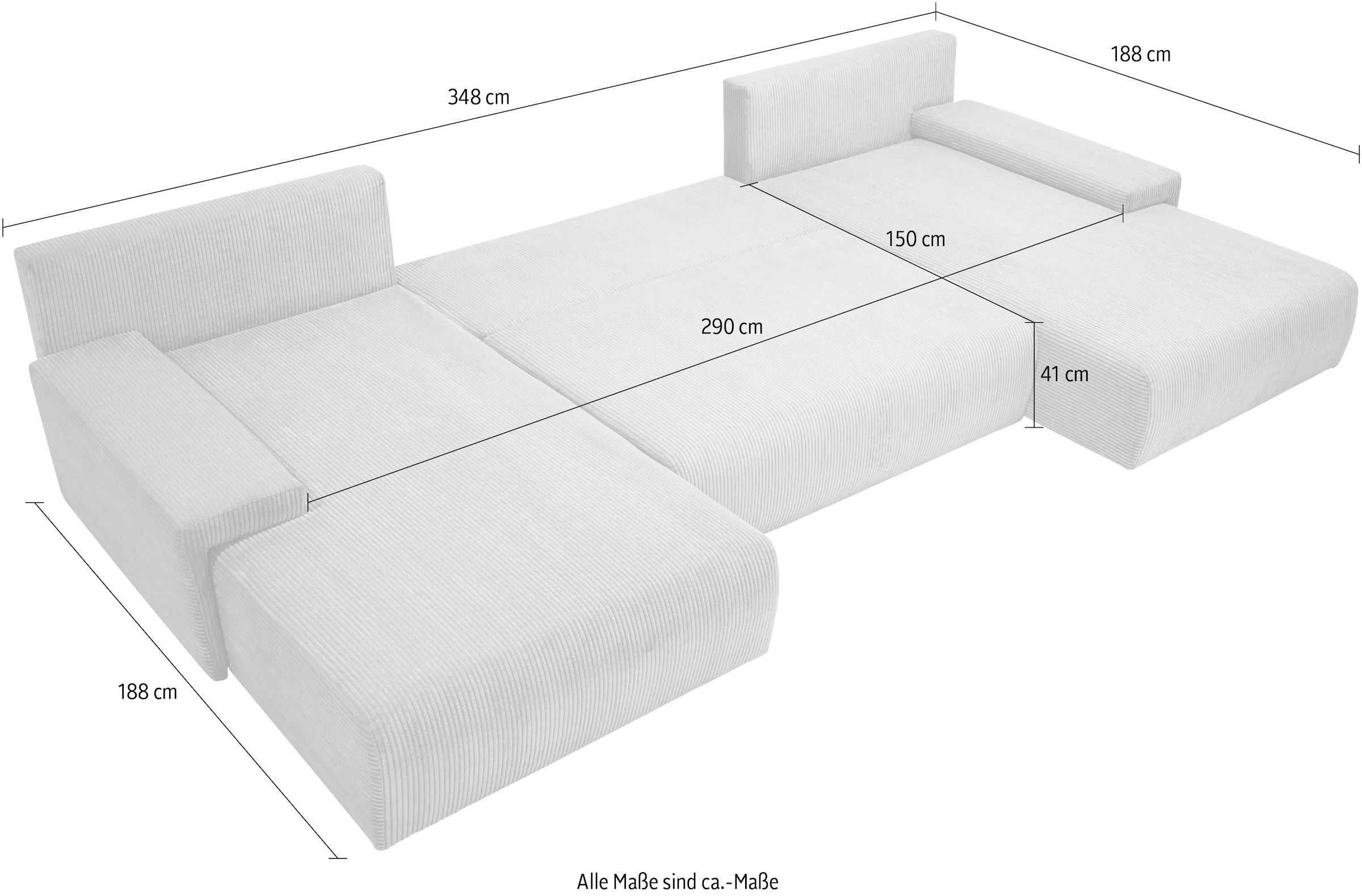 WERK2 Wohnlandschaft »Amalfi, B/T: 348/188 cm, in Cord mit Schlaffunktion & Bettkasten« modernes XXL Design, U-Form