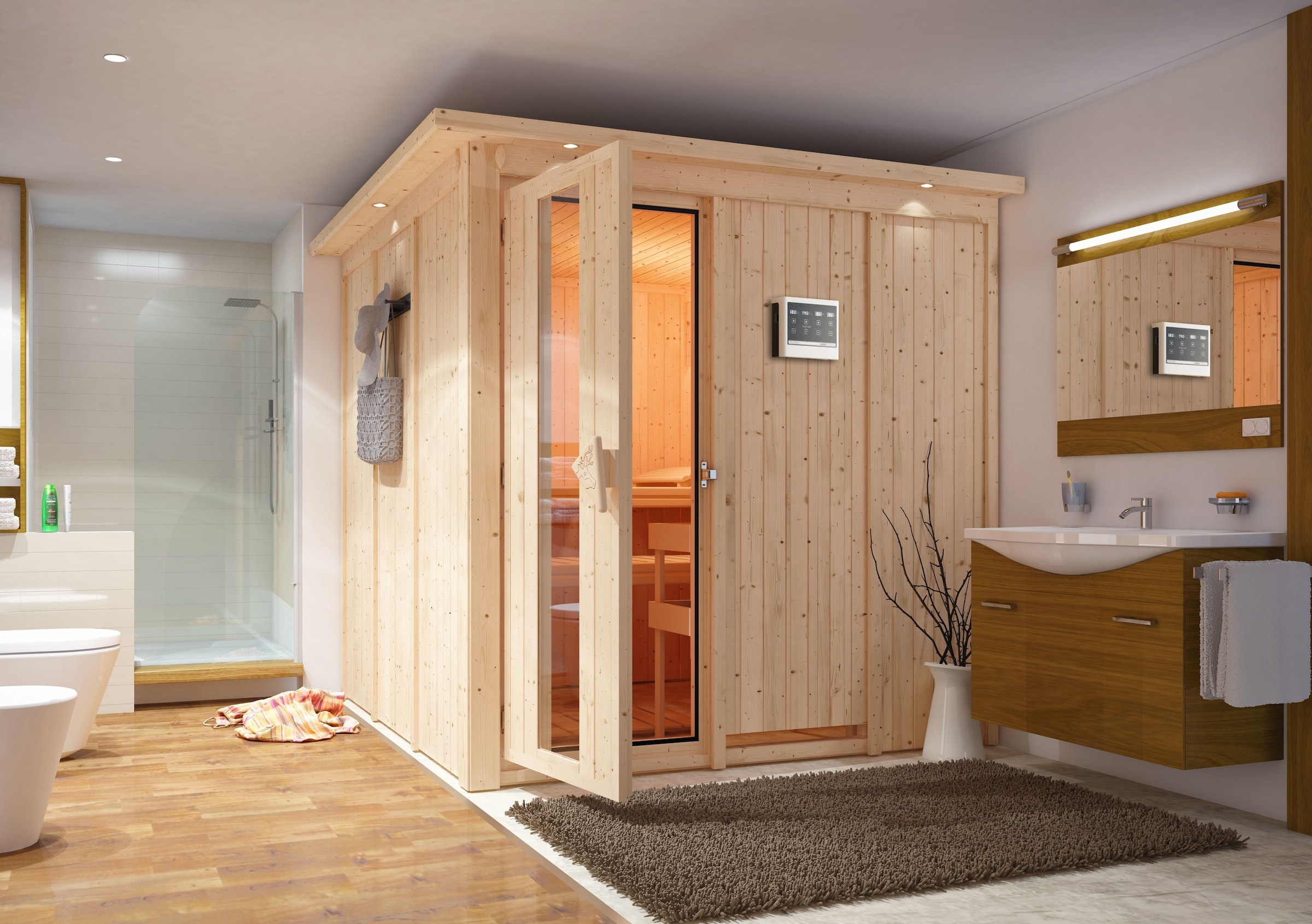 Karibu Sauna »Romina« Set,  Ofen 9 kW Bio externe Strg easy