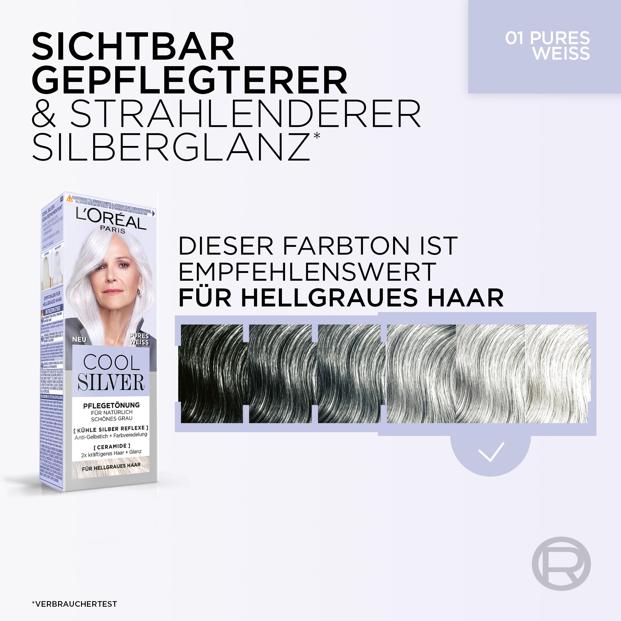 L'ORÉAL PARIS Coloration »L'Oréal Paris Cool Silver Pflegetönung«, Natürlich wirkender Silberglanz für graues Haar, mit Anti-Gelbstich.