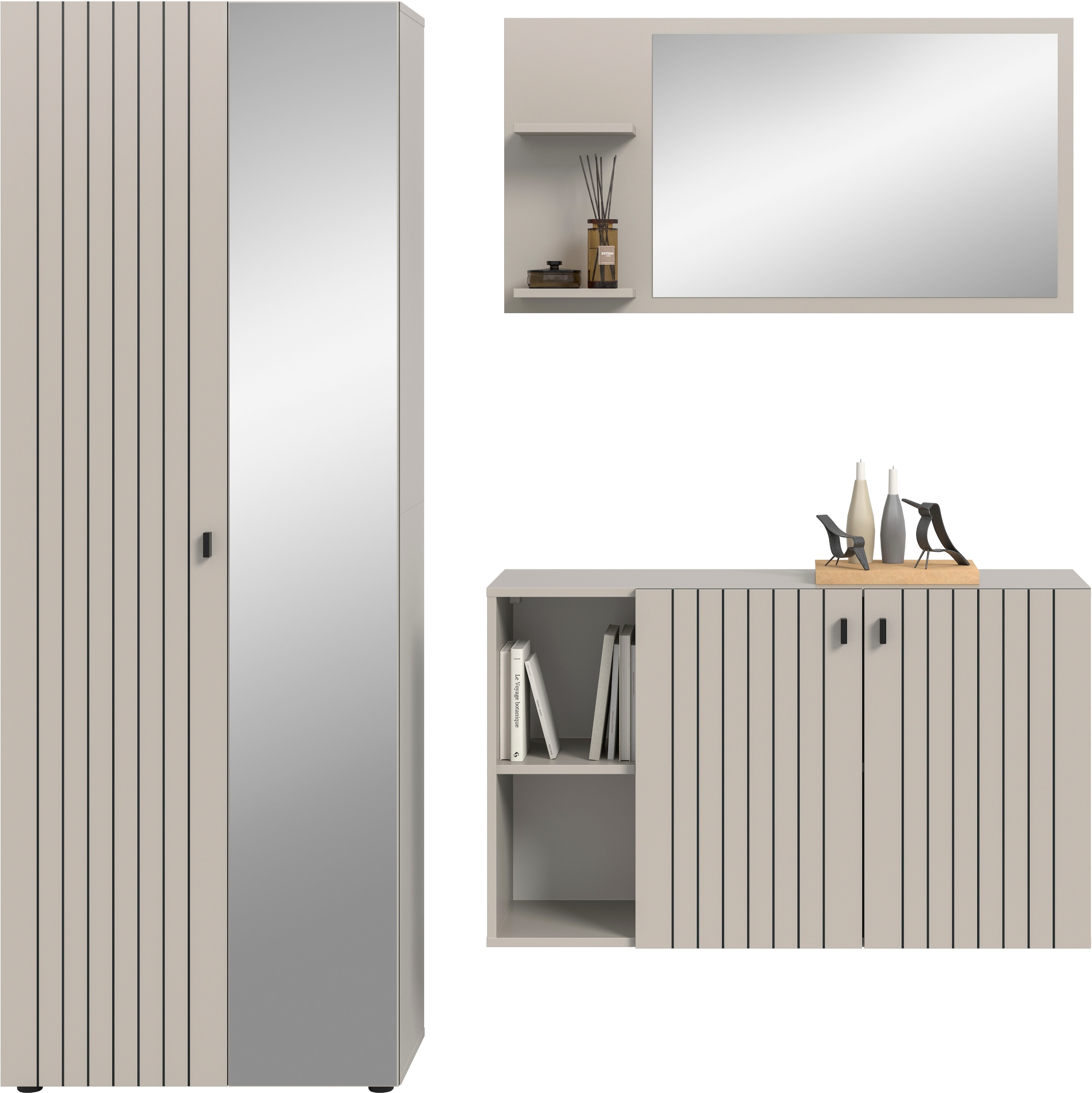 Home affaire Garderoben-Set »TATIO, 3-tlg. Garderobenkombination, Breite: 191 cm, Rillenfräsung« Set, Set, best. aus: 1 Spiegel, 1 Garderobenschrank, 1 Schuhkommode, 3 Stk. tlg.
