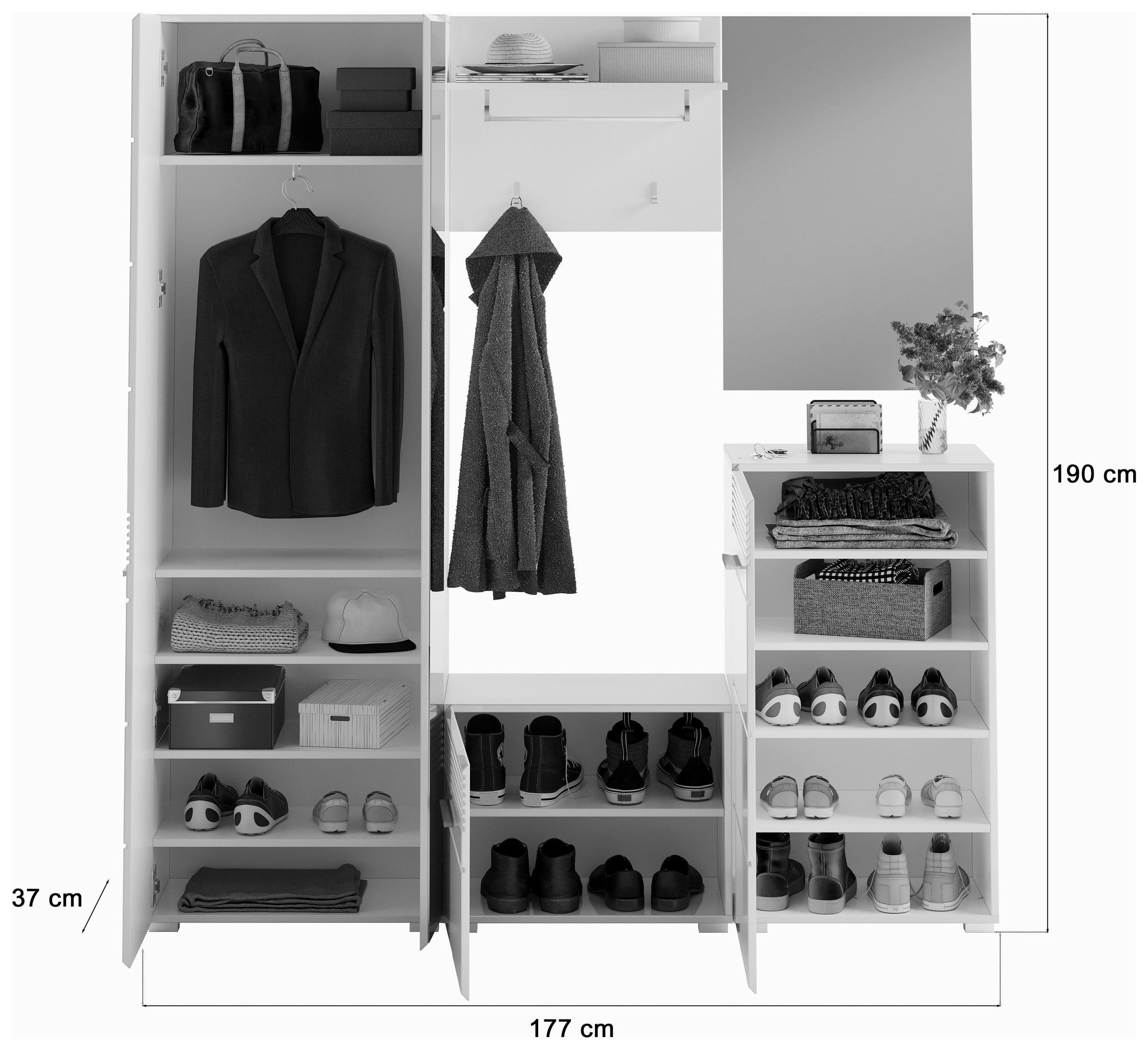 INOSIGN Garderoben-Set »Malmö, Breite 170cm, MDF Front mit Rillenfräsung, 5-teilig, best. aus:«, (5 St.), Garderobenschrank, Sitzbank, Garderobenpaneel, Schuhkommode & Spiegel