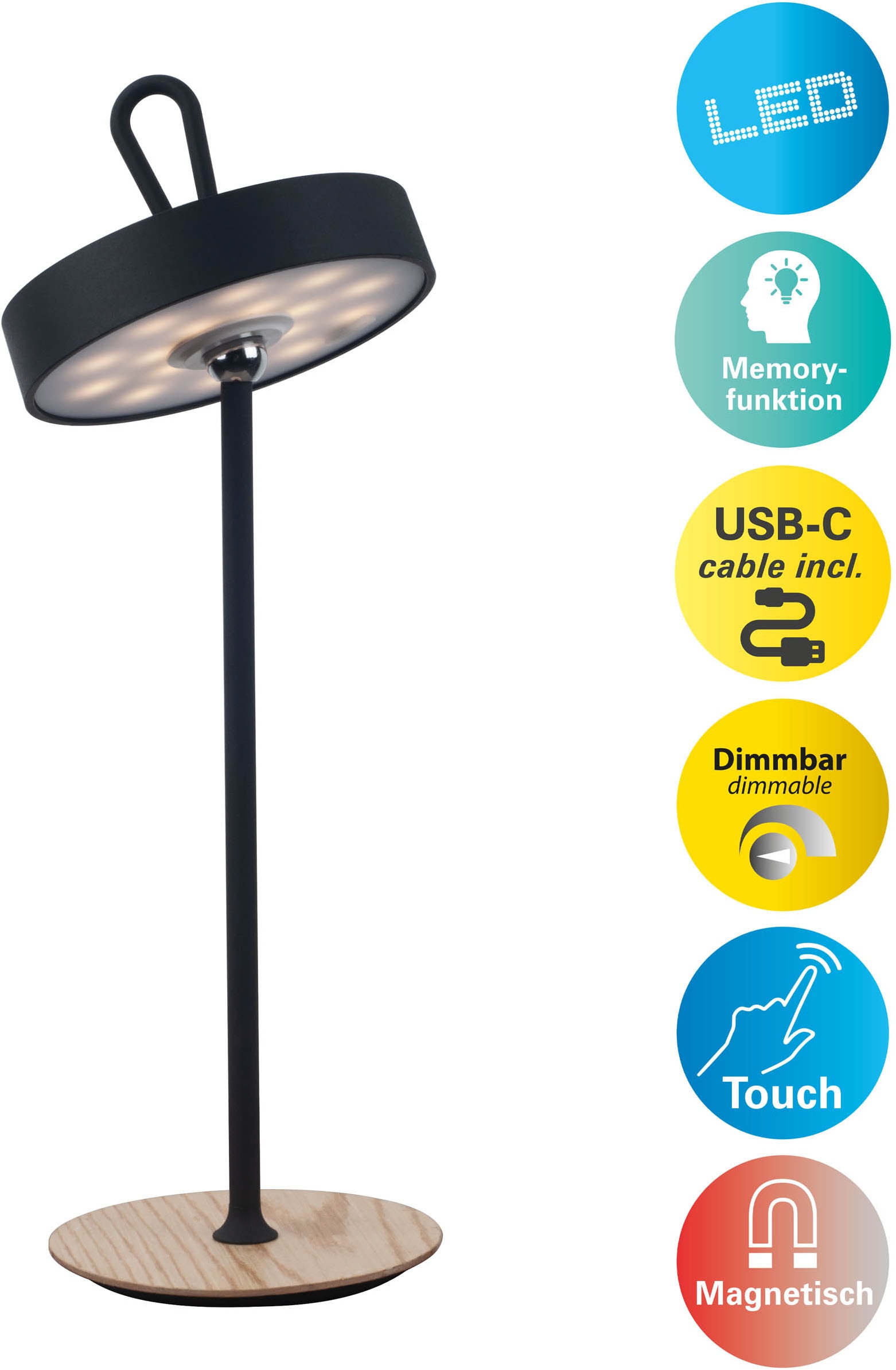 my home LED Tischleuchte »Charmont mit Holzfuß, abnehmbares Kopfteil als Hängeleuchte verwendbar« LED-Modul 1 Stk. Warmweiß aufladbar, inkl Akku + USB Kabel, Kopfteil magnetisch, abnehmbar, Holz